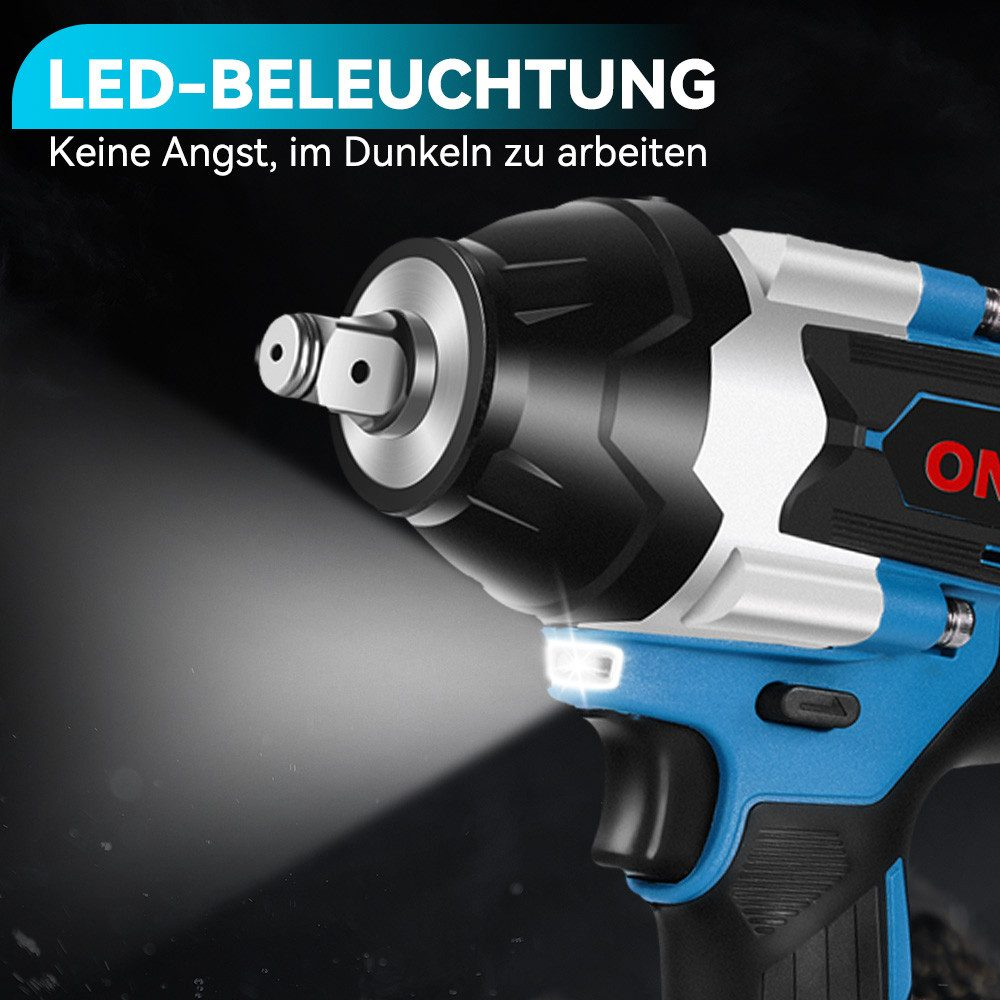 Ein blaues und schwarzes Elektrowerkzeug mit Licht auf dunklem Hintergrund.
