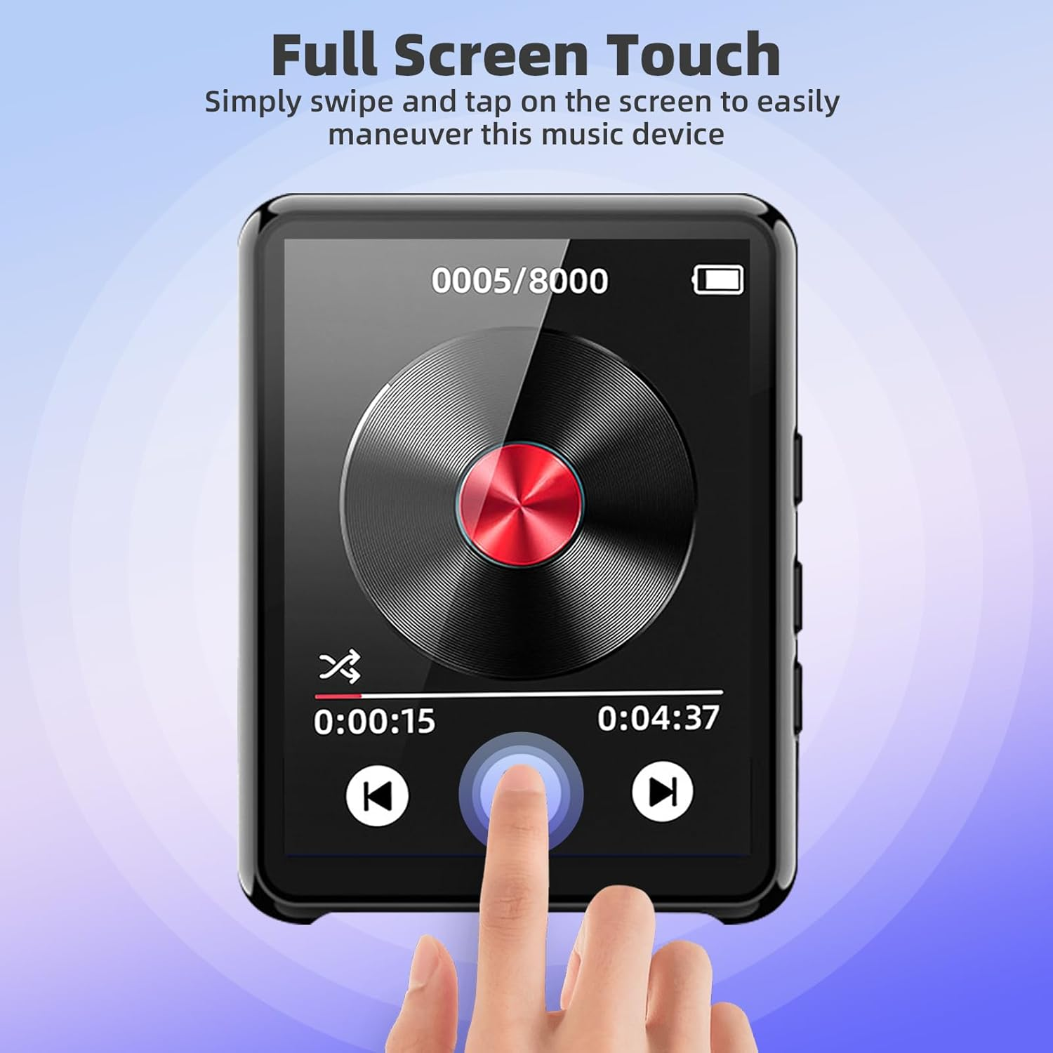 Ein Finger berührt ein schwarzes Musikgerät mit einem Bildschirm. Der Bildschirm zeigt ein kreisförmiges Design.