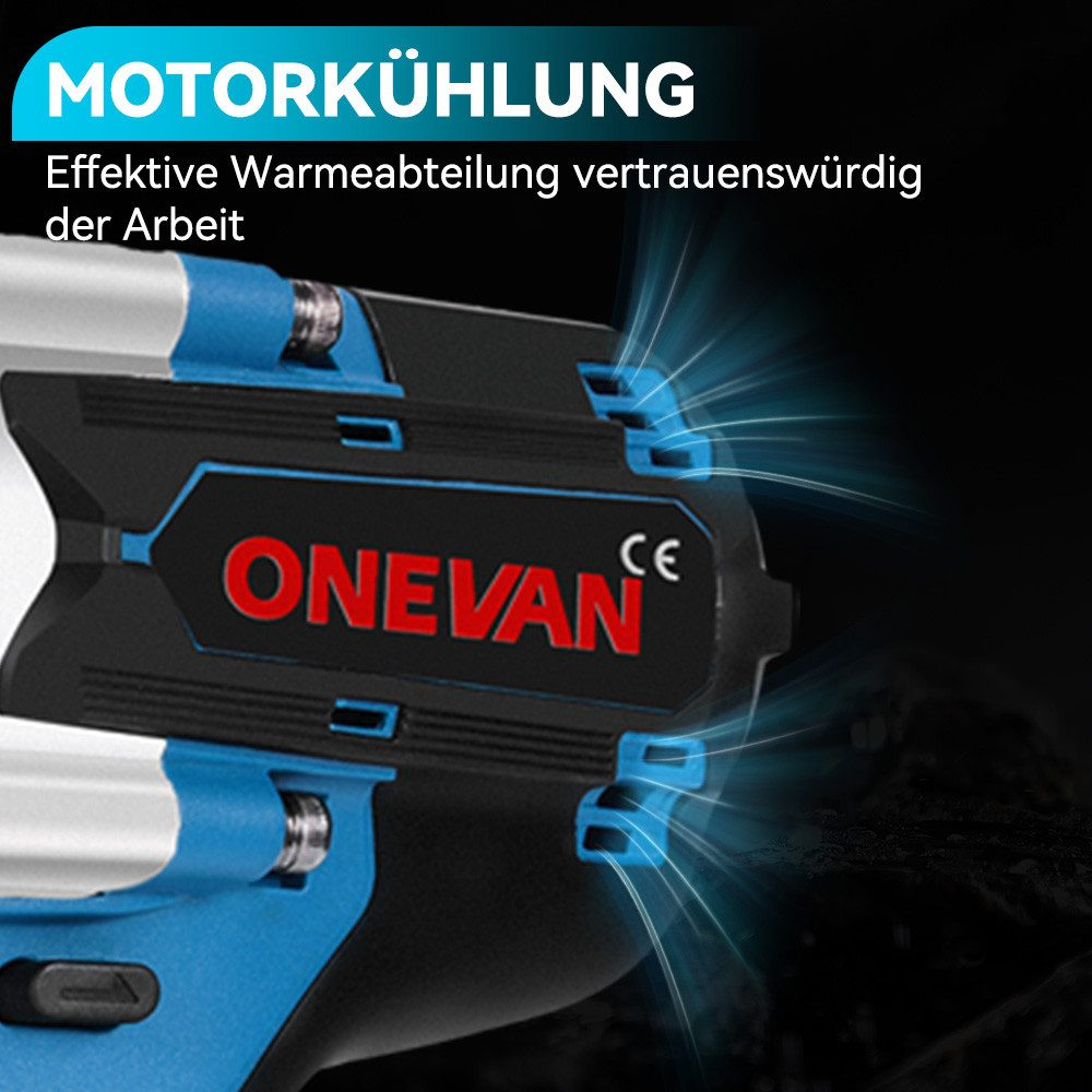 Nahaufnahme eines schwarz-blauen Elektrowerkzeugs mit dem Wort ONEVAN. Es hat einen schwarzen Hintergrund.