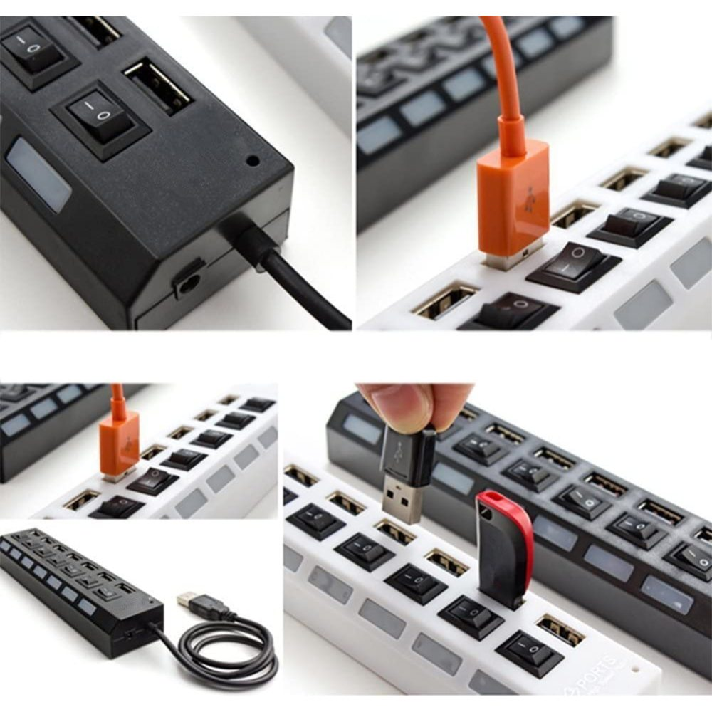 Mehrere Bilder von USB-Hubs mit verschiedenen angeschlossenen Geräten, die verschiedene Winkel und Setups zeigen.