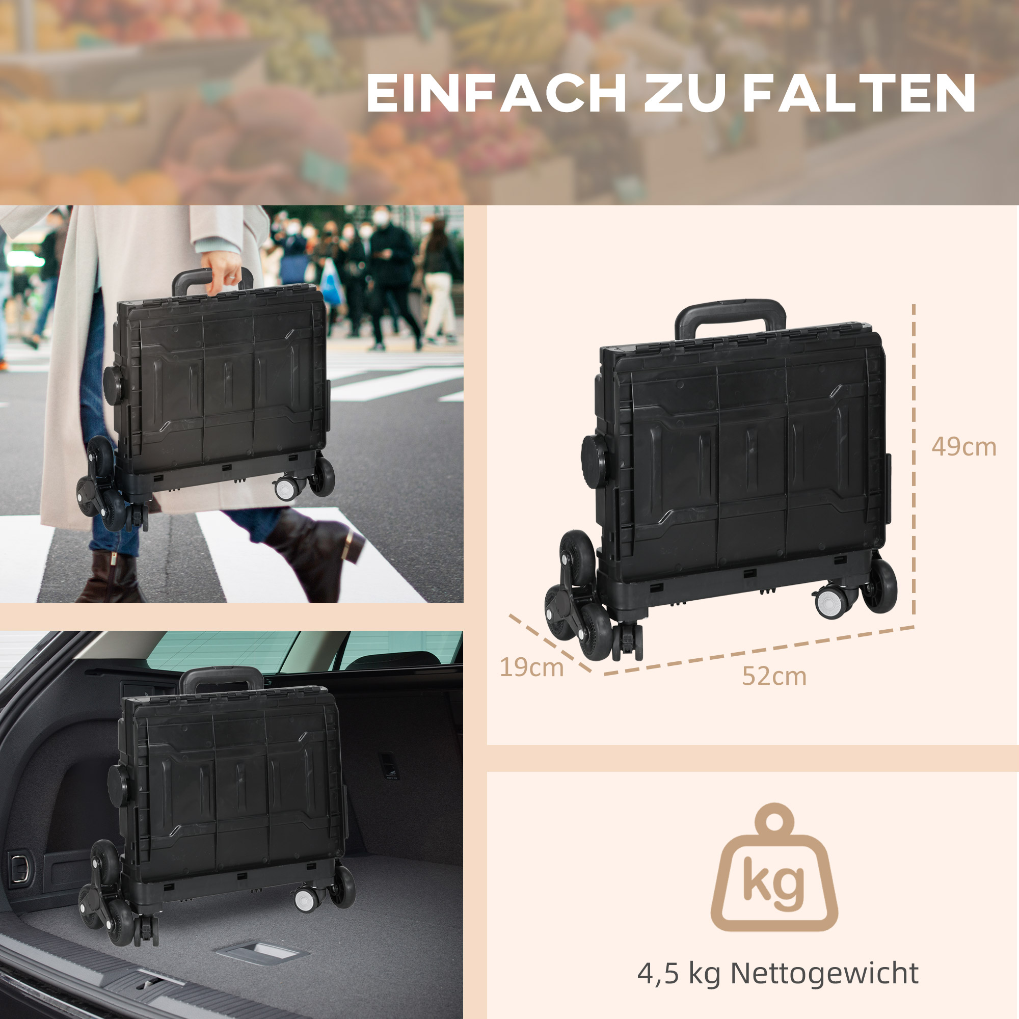 Bilder, die einen schwarzen, zusammenklappbaren Einkaufswagen mit Abmessungen und Gewichtsangaben zeigen.