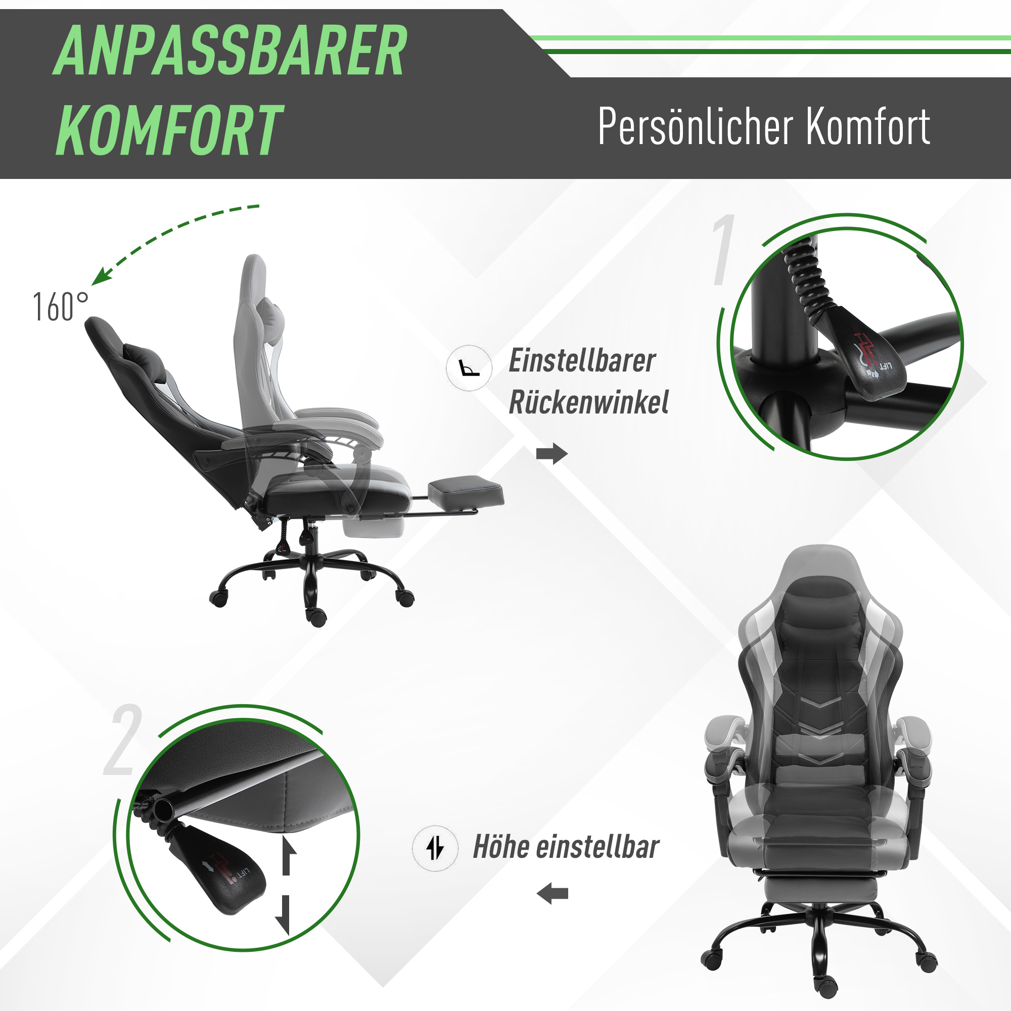 Gaming-Stuhl mit Einstellbarkeit und Komfortmerkmalen. Erklärungen auf Deutsch begleiten die Bilder.