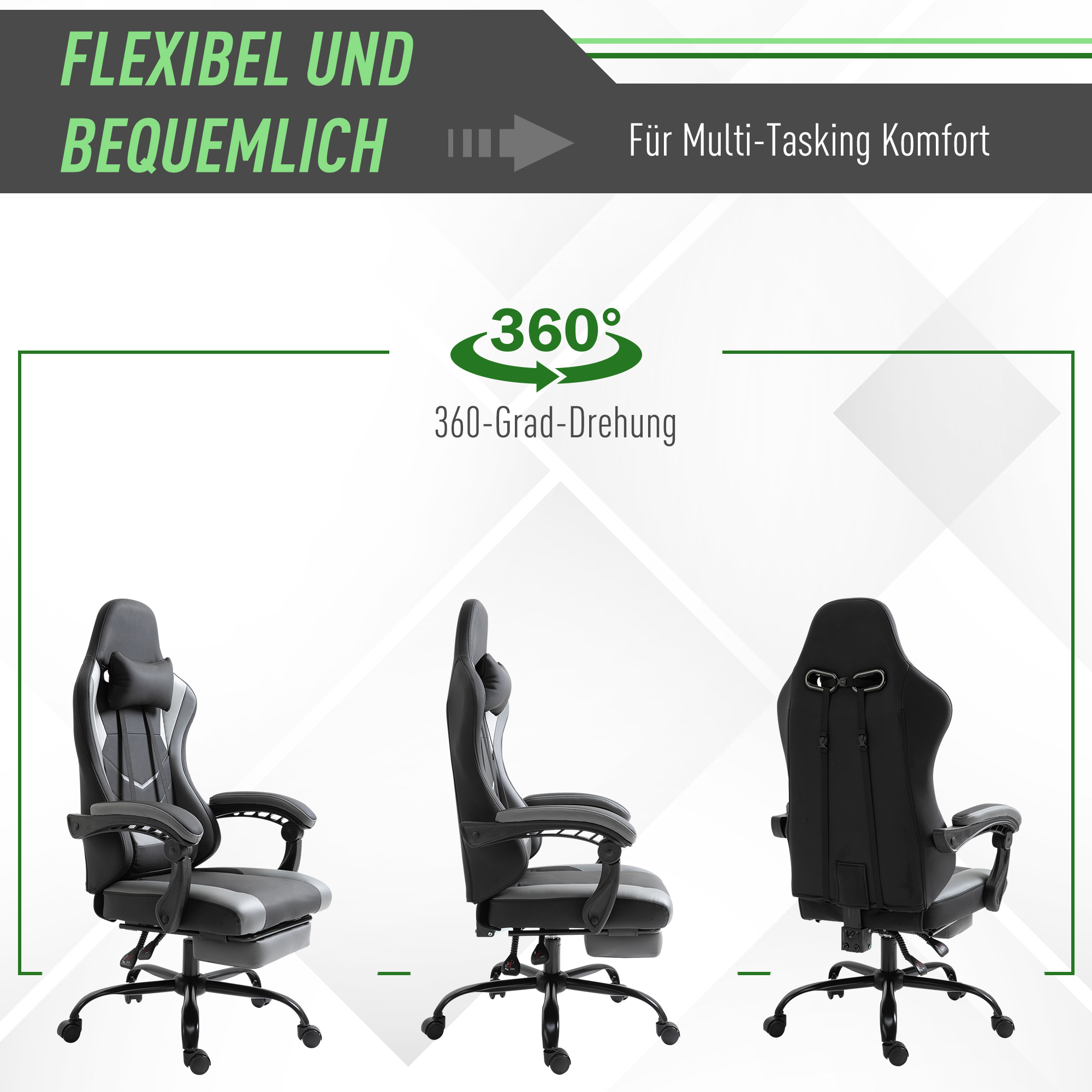 Gaming-Stuhl mit verschiedenen Ansichten, die 360-Grad-Drehung und Flexibilität zeigen.