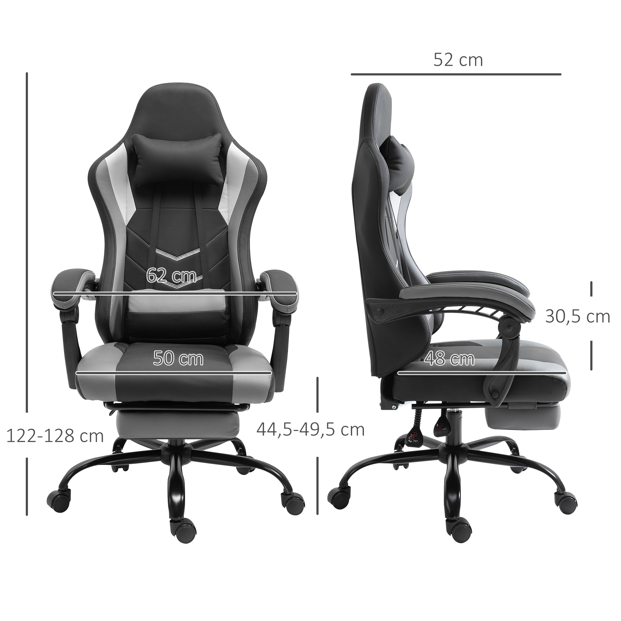 Gaming-Stuhl mit Maßen; Schwarz und Grau mit Kopfstütze und Armlehnen. Seiten- und Vorderansicht.