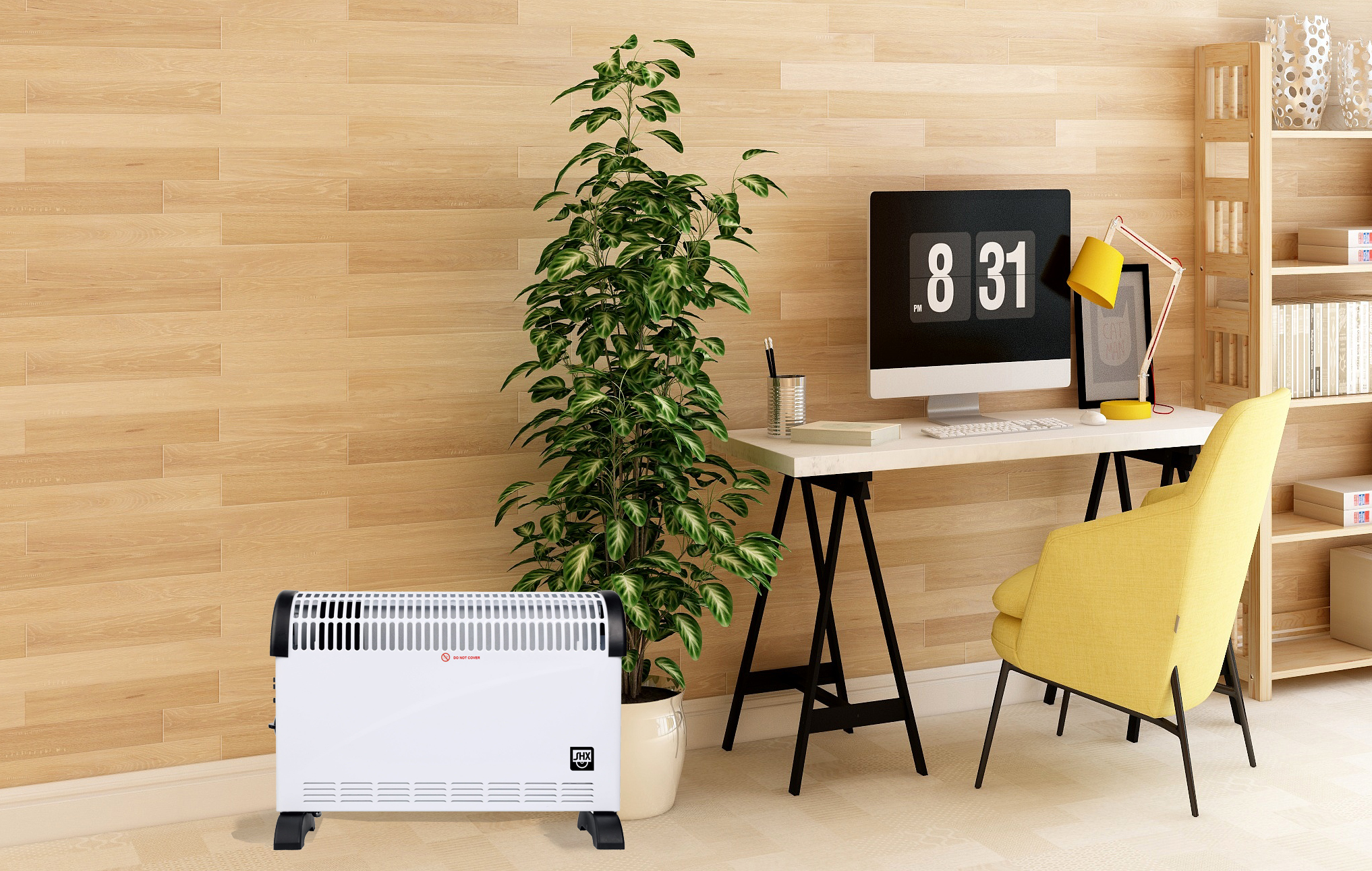 Biały grzejnik w pokoju. Biurko z komputerem, rośliną i żółtym krzesłem w tle.