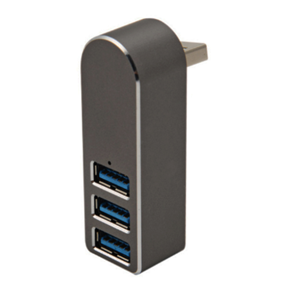 Ein dunkelgrauer USB-Hub mit 3 blauen USB-Anschlüssen. Weißer Hintergrund. Der Hub ist vertikal ausgerichtet.