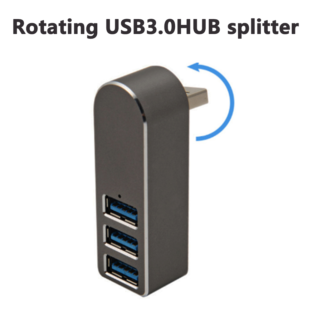 Rotierender USB 3.0 Hub-Splitter. Dunkelgraues Gehäuse mit 3 blauen USB-Anschlüssen. Weißer Hintergrund.