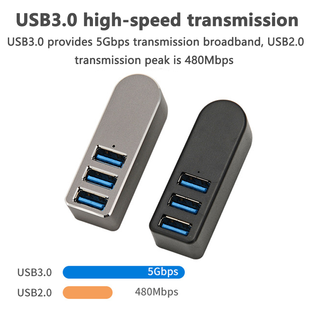 Zwei USB-Hubs. Einer silberfarben und einer schwarz, jeweils mit 3 blauen USB-Anschlüssen. Text zeigt USB 3.0 Highspeed-Übertragung.
