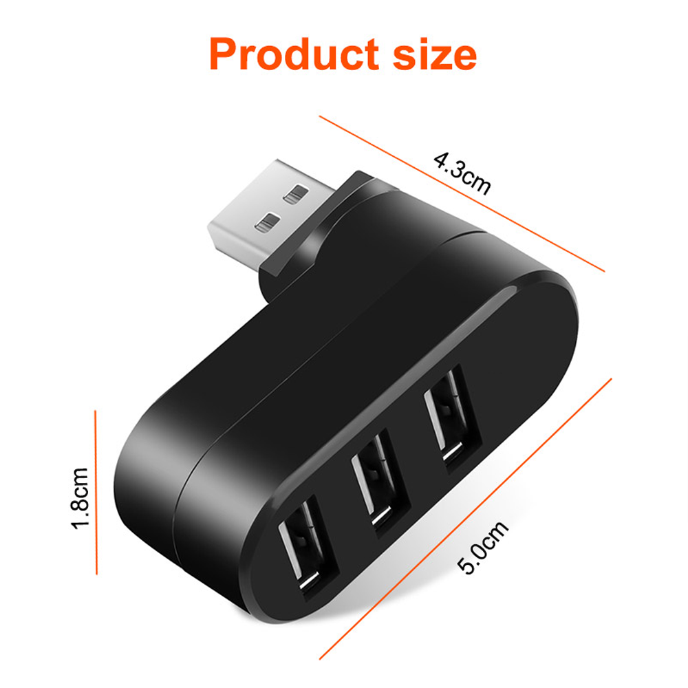 Schwarzer abgewinkelter USB-Hub mit 3 Anschlüssen. Maße werden in cm angezeigt. Weißer Hintergrund.