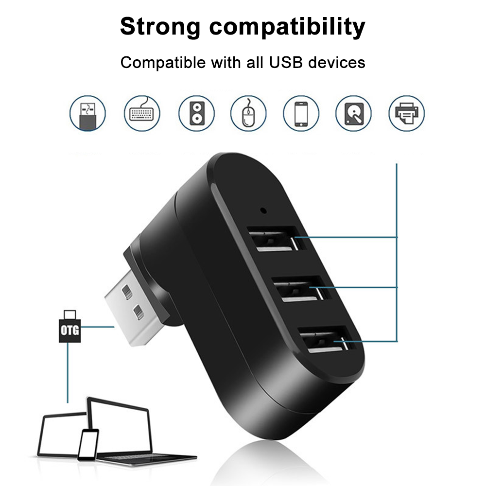 Ein schwarzer USB-Hub mit mehreren USB-Anschlüssen und Symbolen für USB-Geräte.
