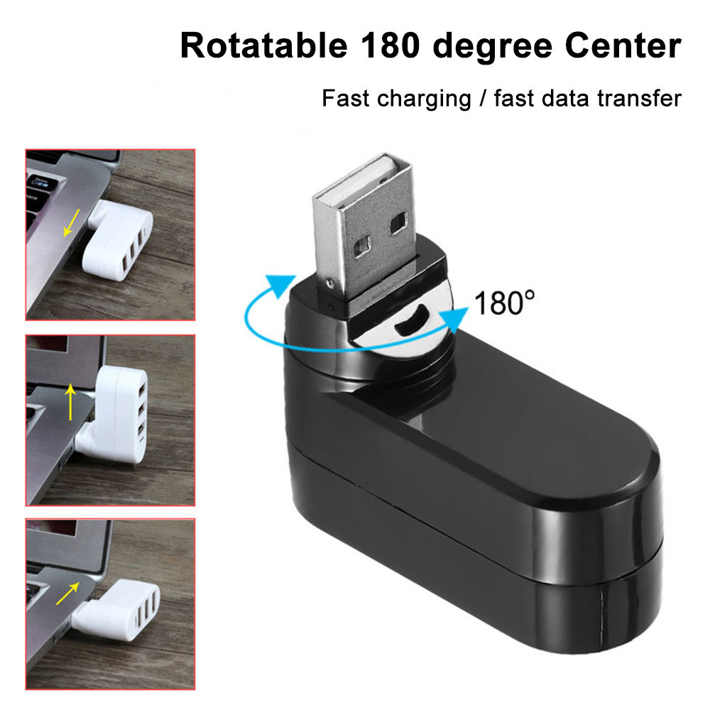 Ein schwarzer USB-Hub, der zeigt, wie er sich drehen und an einen Laptop anschließen kann.