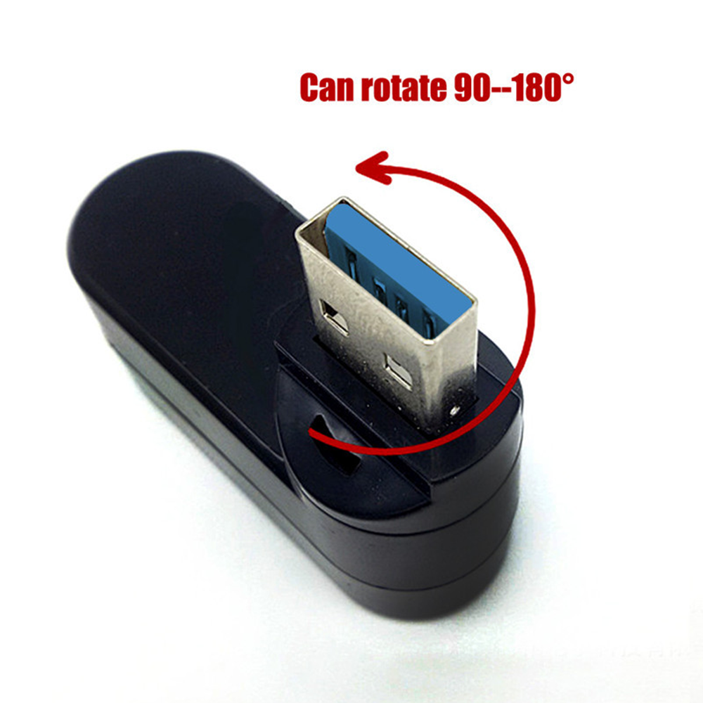 Schwarzer USB-Anschluss, der sich um 90-180 Grad drehen lässt. Er hat einen blauen USB-Anschluss.