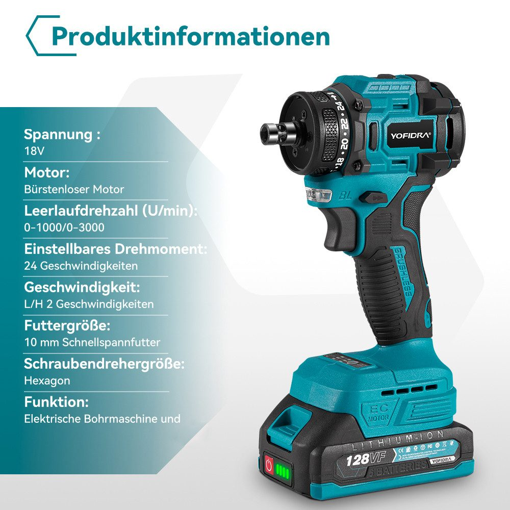 Eine türkis-schwarze Akkubohrmaschine mit Produktinformationen. Sie hat einen 18V Motor und einen bürstenlosen Motor.