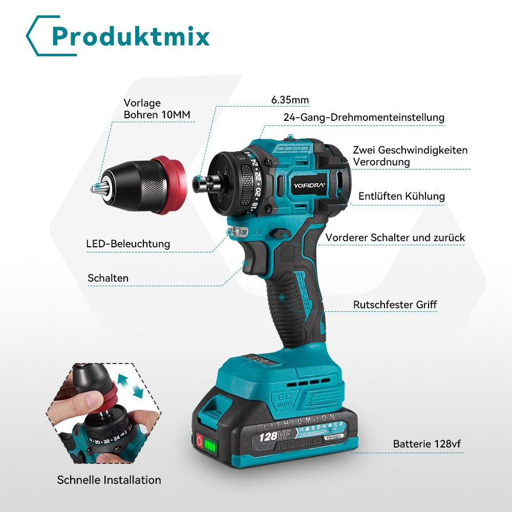 Eine türkis-schwarze Akkubohrmaschine mit beschrifteten Merkmalen. Enthält einen Bohrer, 24 Einstellungen, zwei Geschwindigkeiten und eine Batterie.