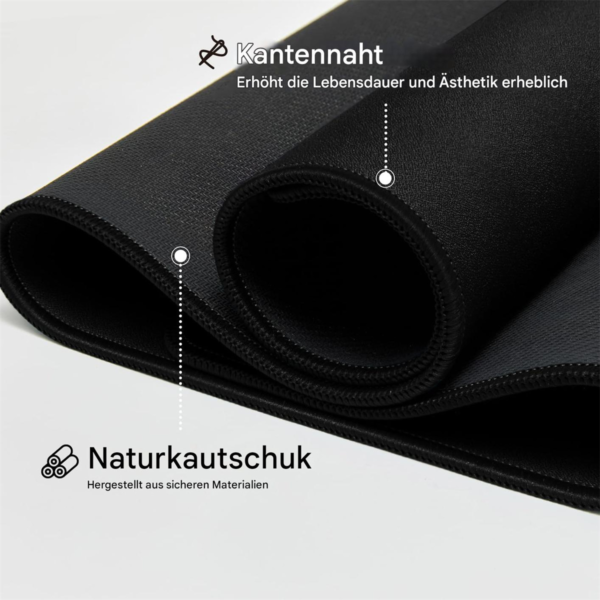 Nahaufnahme eines Mauspads. Es zeigt die Kantennaht und das Gummimaterial.