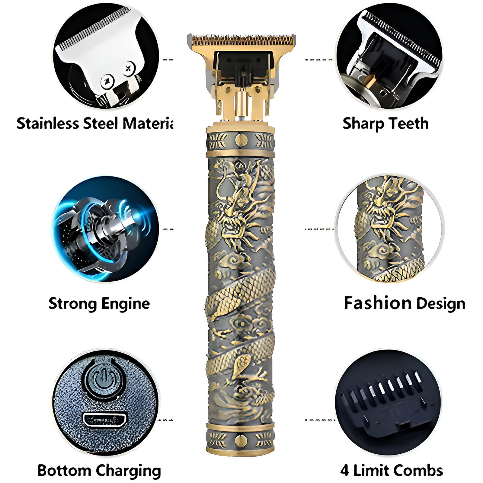 Ein goldener und grauer Barttrimmer mit einem Drachendesign. Zubehör umfasst Kämme, eine Bürste und ein USB-Ladegerät.