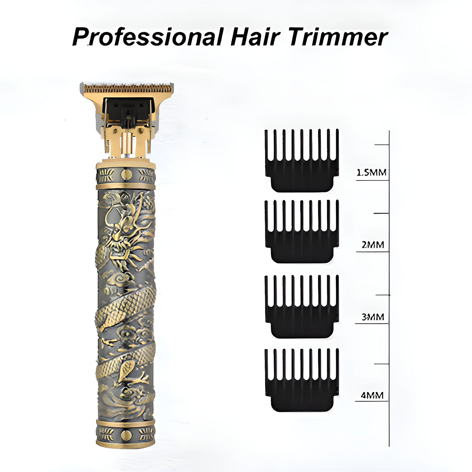 Gold-schwarzer Haartrimmer mit Drachendesign, vier schwarze Kämme. Weißer Hintergrund.