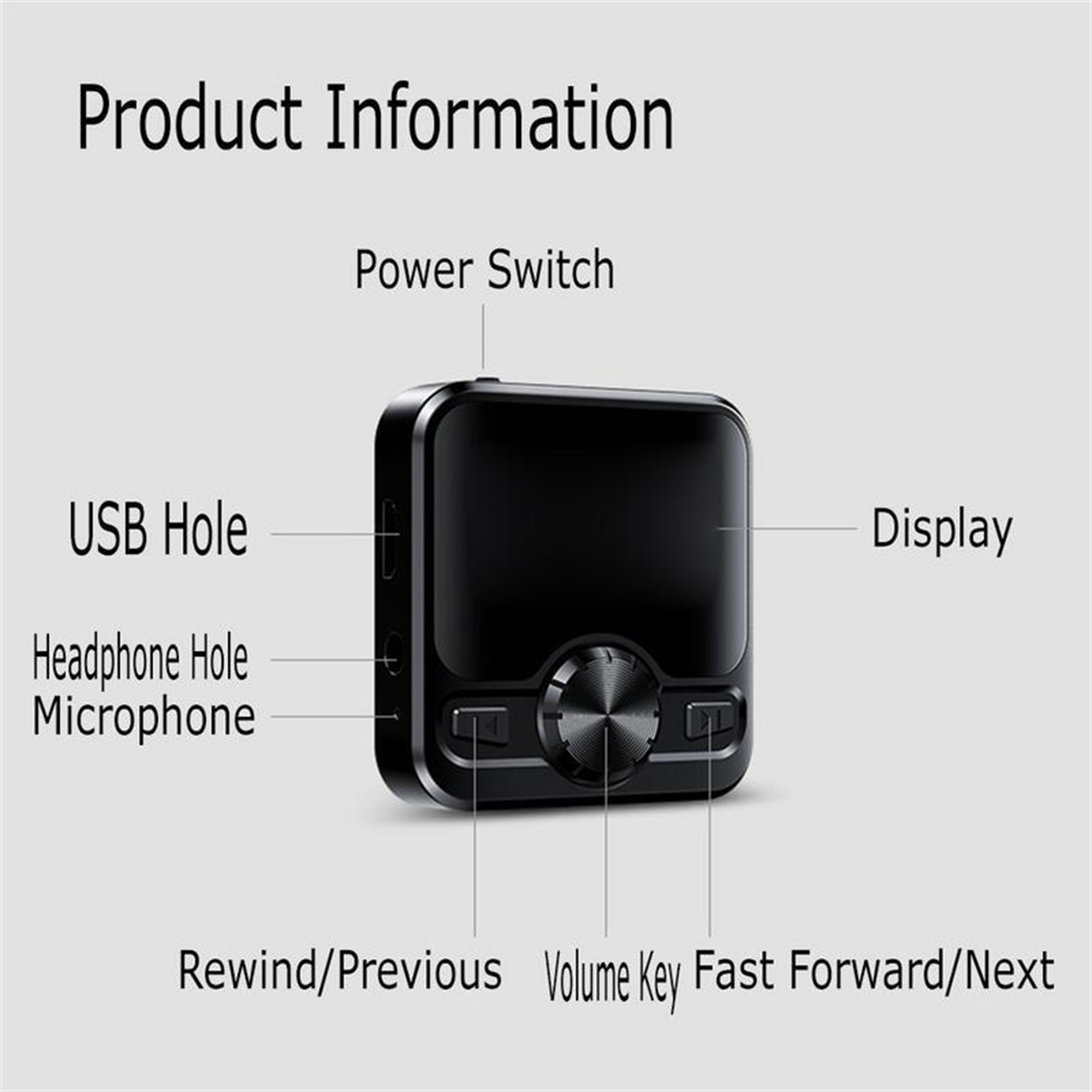 Ein schwarzes Gerät mit beschrifteten Abschnitten: USB-Anschluss, Display, Zurück, Lautstärke und Vorwärts.