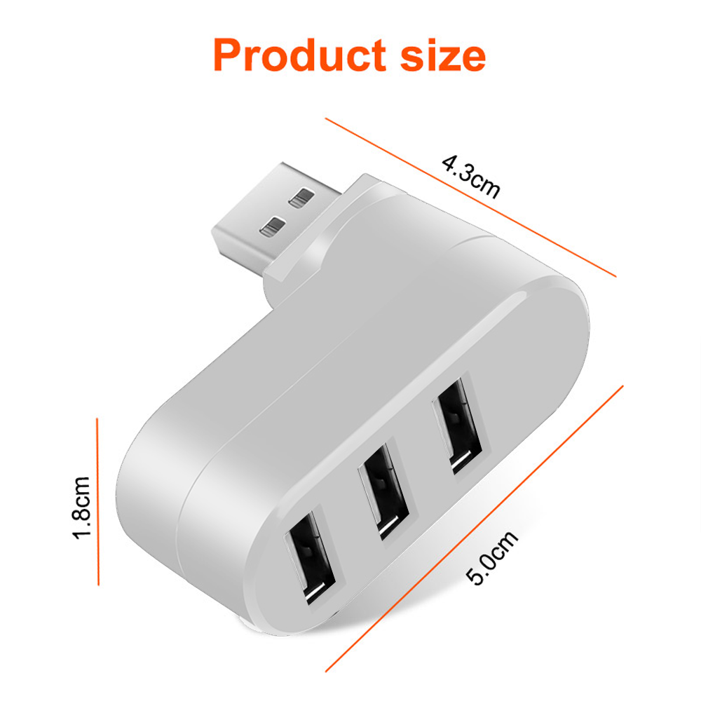 Weißer USB-Adapter mit drei Anschlüssen. Maße: 1,8 cm x 5,0 cm x 4,3 cm. Text: Produktgröße.