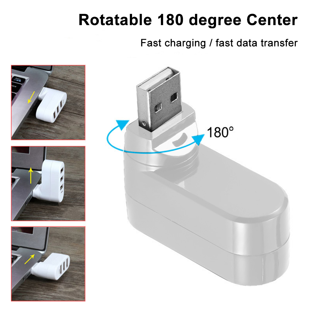 Weißer USB-Adapter ist um 180 Grad drehbar. Drei kleinere Bilder zeigen die Verwendung mit einem Laptop.