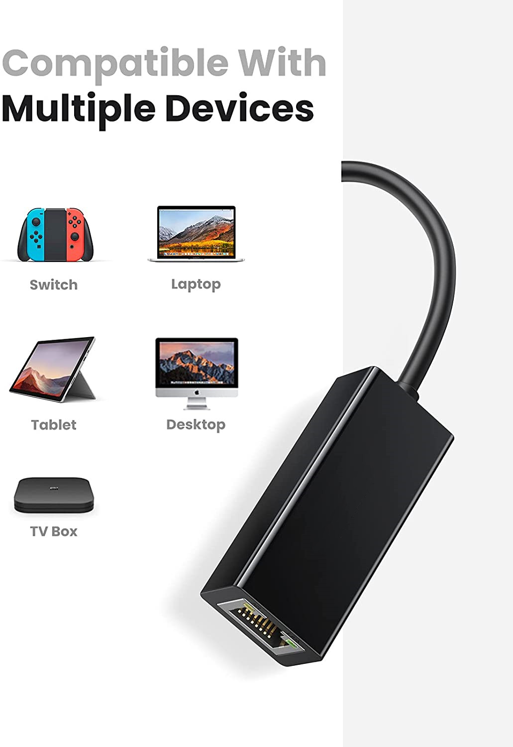 Schwarzer HDMI-Adapter mit Symbolen für Switch, Laptop, Tablet, Desktop und TV Box.