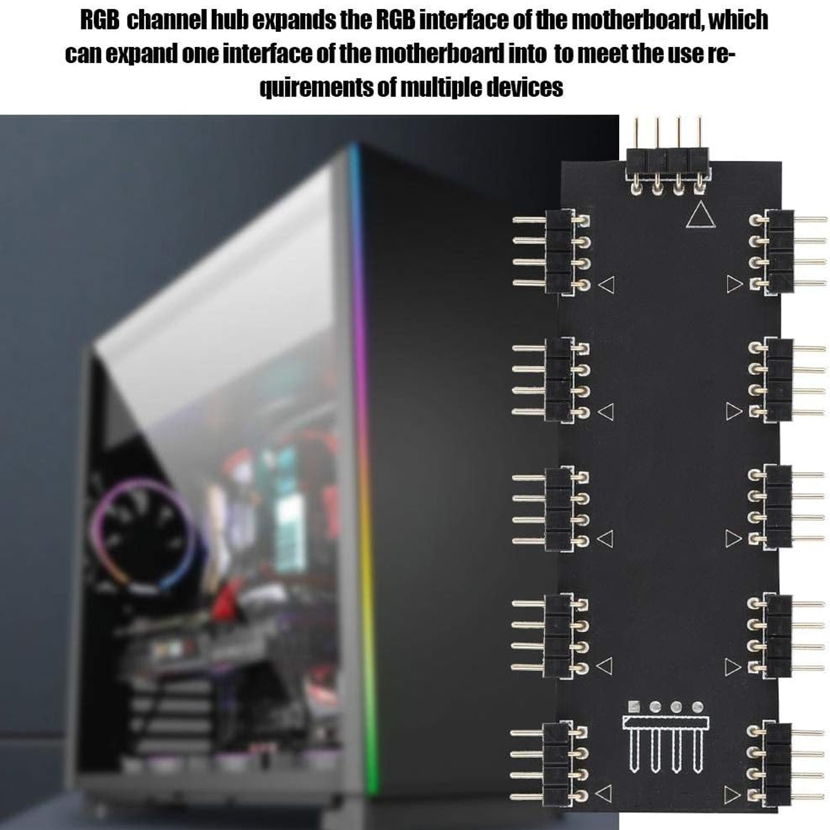Schwarzer RGB-Hub, der an einen Computer angeschlossen ist, mit einem Computergehäuse im Hintergrund.