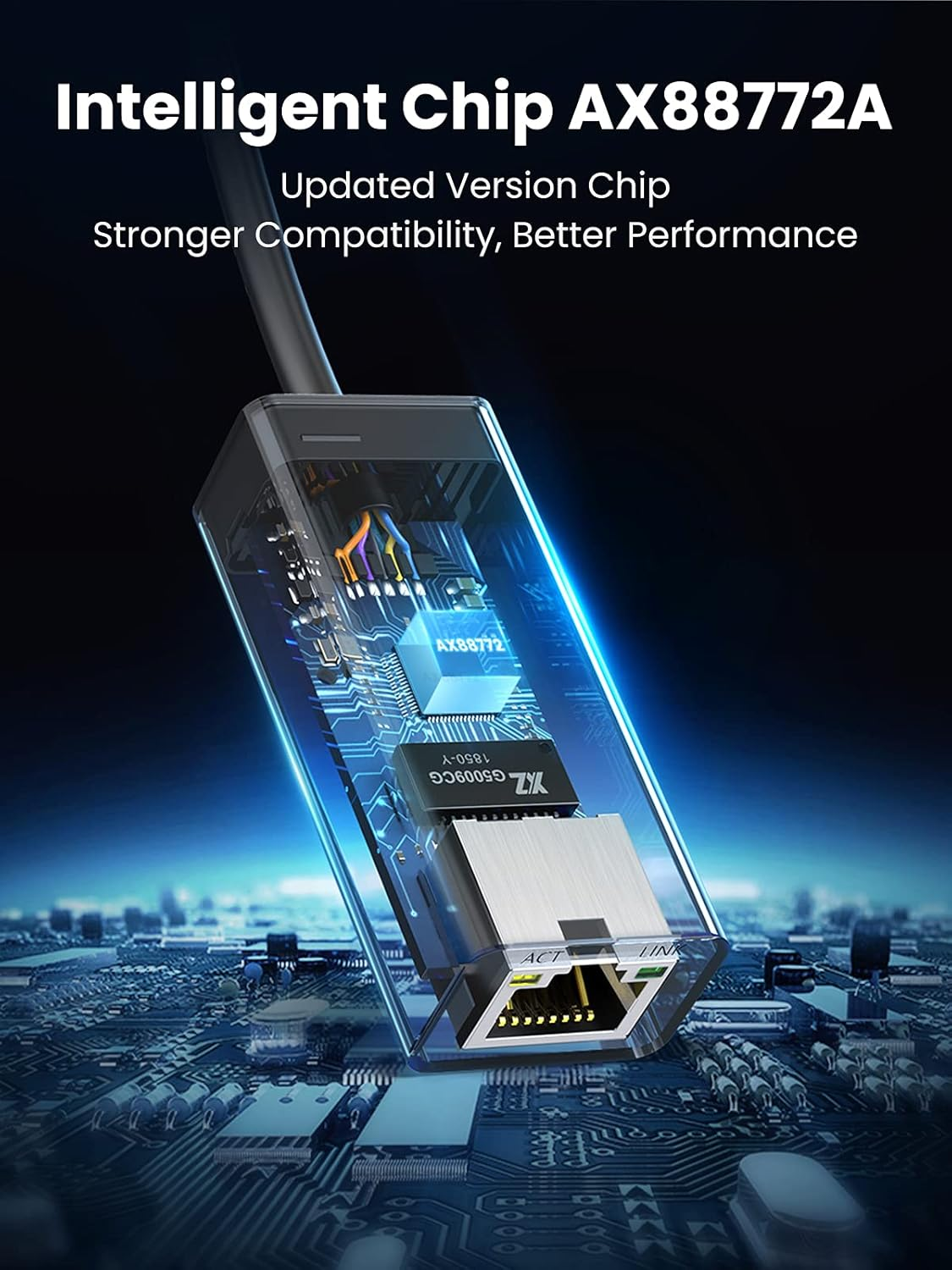 Elektronische Komponente mit Chip und Kabel. Text: Intelligent Chip AX88772A. Hintergrund: blaue Leiterplatte.