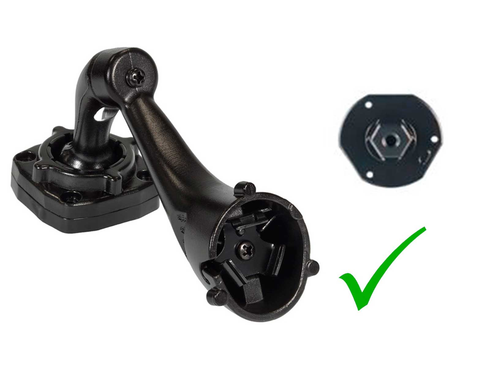 Schwarze Halterung mit grünem Häkchen. Die Halterung hat einen gebogenen Arm und eine Sechskantbasis. Weißer Hintergrund.