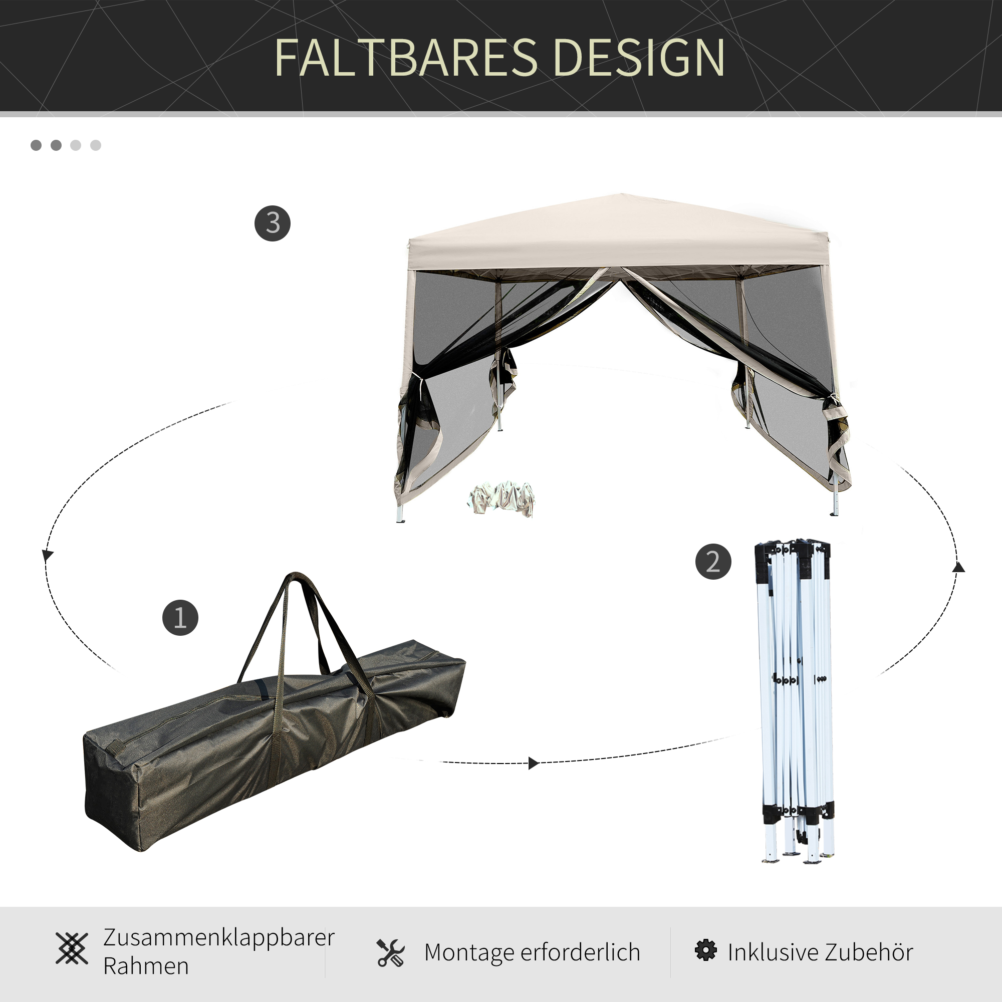 Ein Diagramm des Zusammenbaus eines faltbaren Zeltes. Die Schritte sind mit Zahlen und Pfeilen gekennzeichnet.