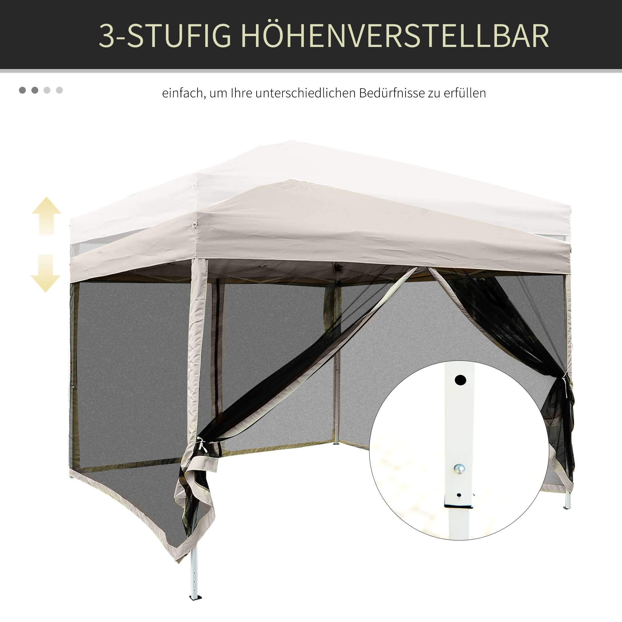 Ein beiges Zelt mit Details zur Höhenverstellung. Text: 3-stufig höhenverstellbar. Vergrößerte Ansicht einer Stange.