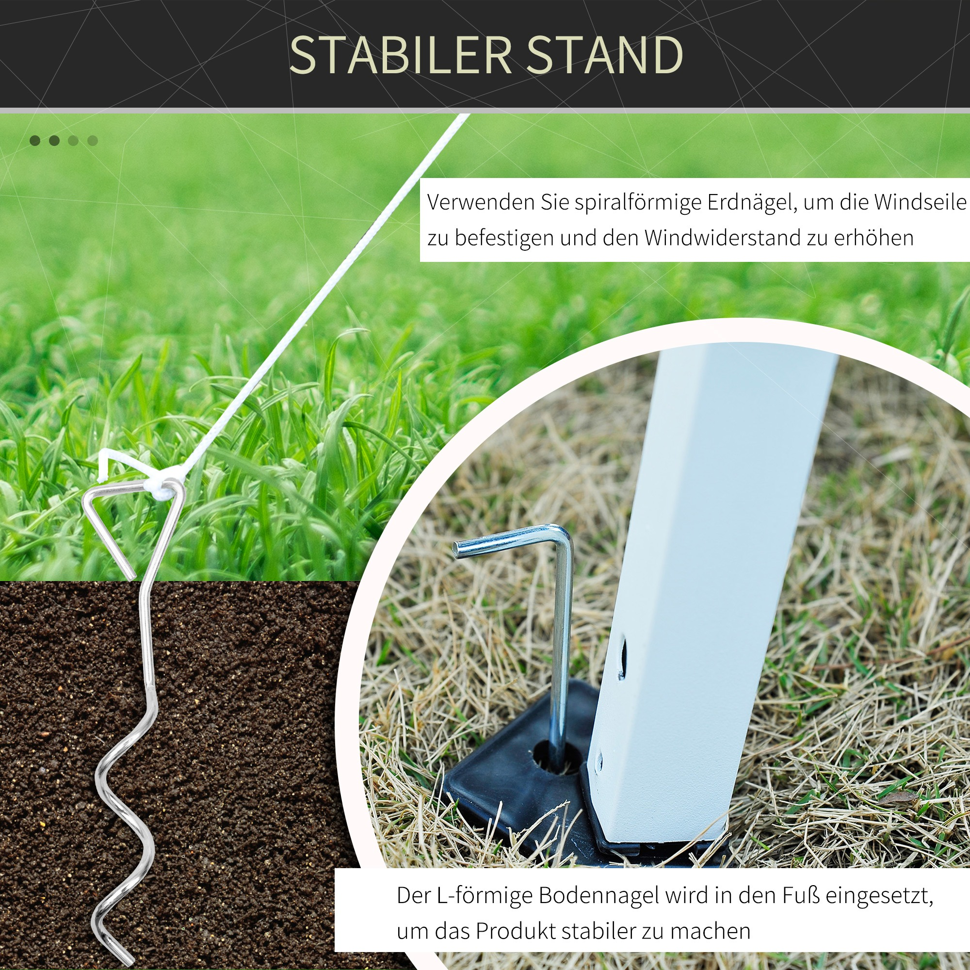Ein Zeltpflock und eine Nahaufnahme einer Schraube und des Bodens. Text: Stabiler Stand, spiralförmiger Erdspieß.