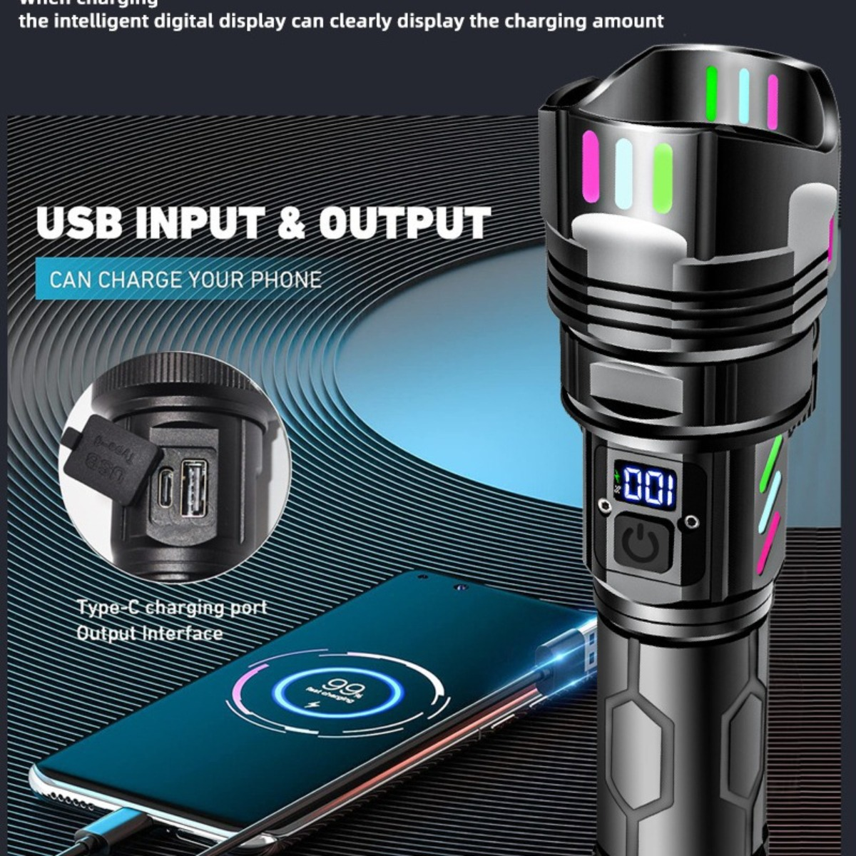 Eine Taschenlampe lädt ein Telefon über ein USB-C-Kabel auf.