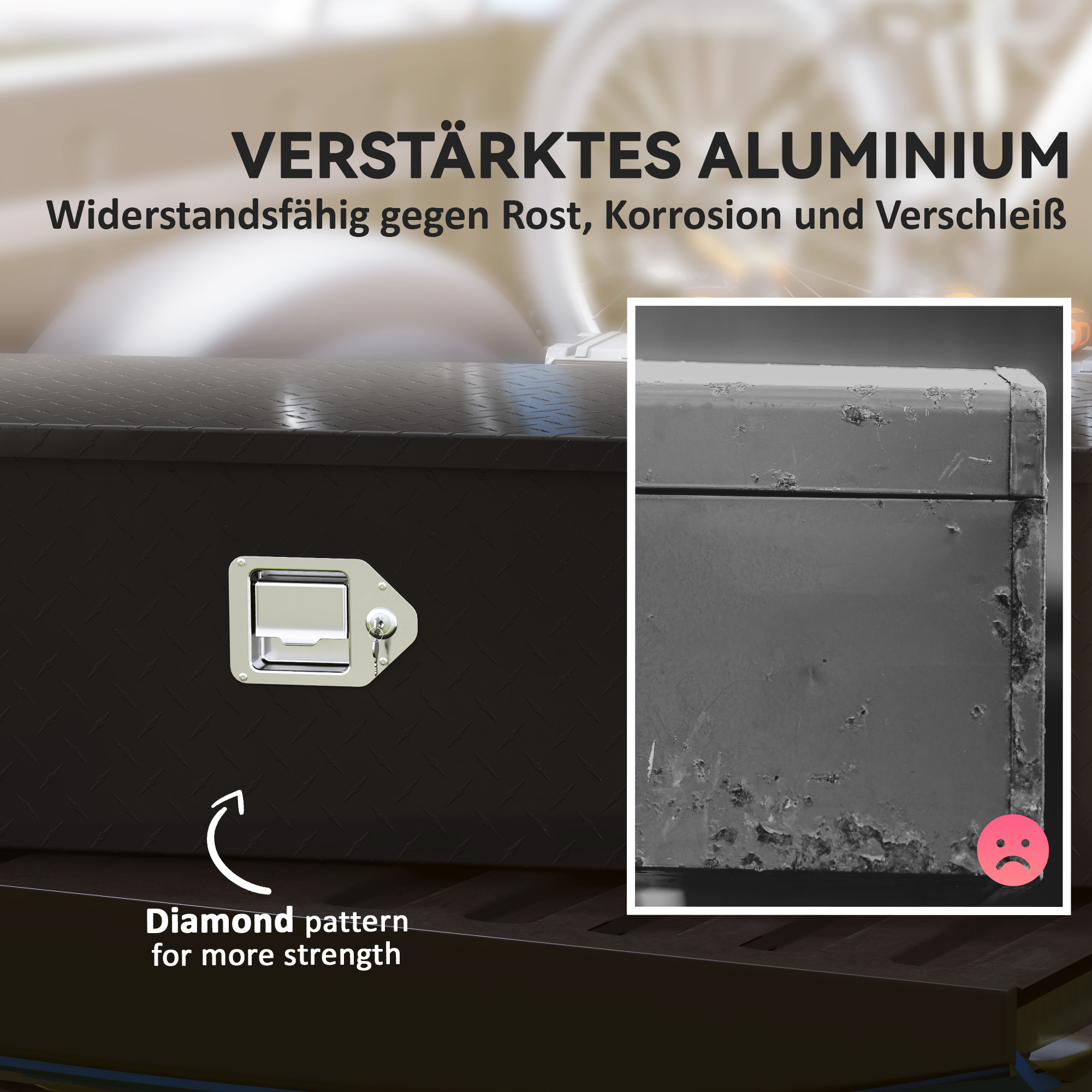 Schwarze Werkzeugkiste mit Rautenmuster und Nahaufnahme von Korrosion.