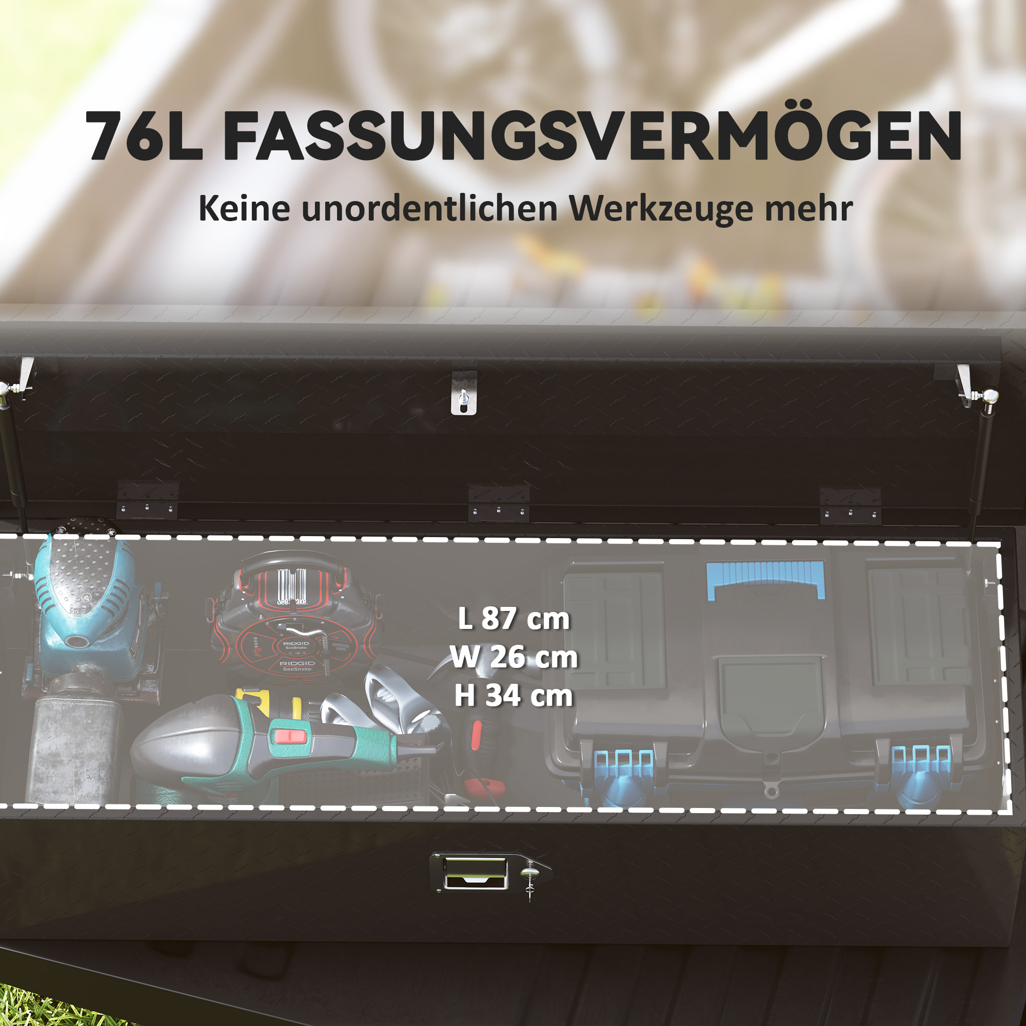 Schwarze Werkzeugkiste, offen, mit Werkzeugen innen und Abmessungen.