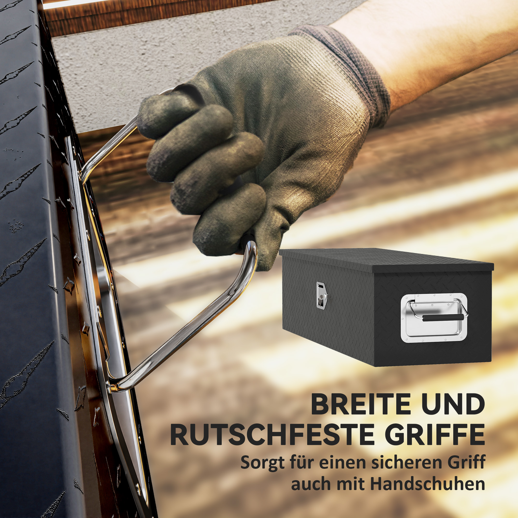 Hand mit Handschuh hält den Griff einer Werkzeugkiste.
