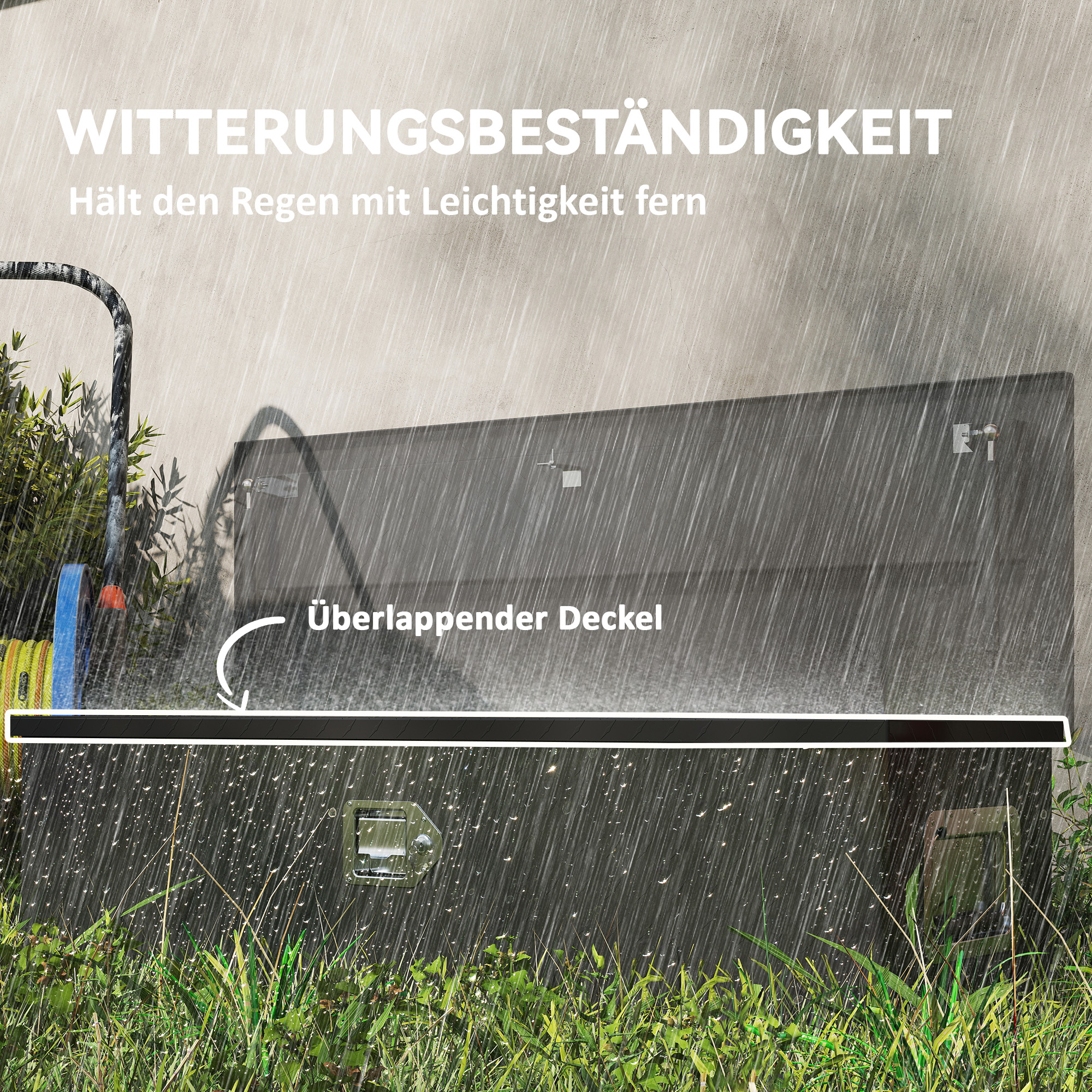 Eine schwarze Werkzeugkiste im Freien im Regen, mit Text über Wetterbeständigkeit und einem überlappenden Deckel.