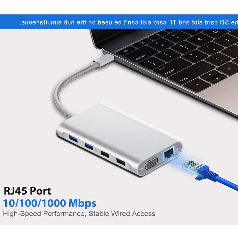Ein silberner USB-C-Hub, der mit einem Laptop verbunden ist, mit einem blauen RJ45-Kabel. Text über Hochgeschwindigkeitsleistung.