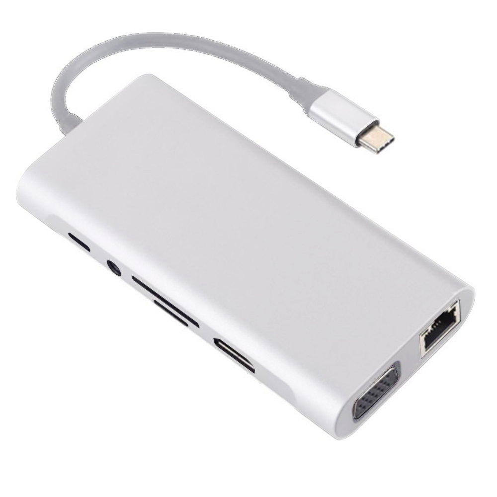 Ein silberner USB-C-Hub mit verschiedenen Anschlüssen, darunter USB, HDMI und Ethernet, isoliert auf weißem Hintergrund.