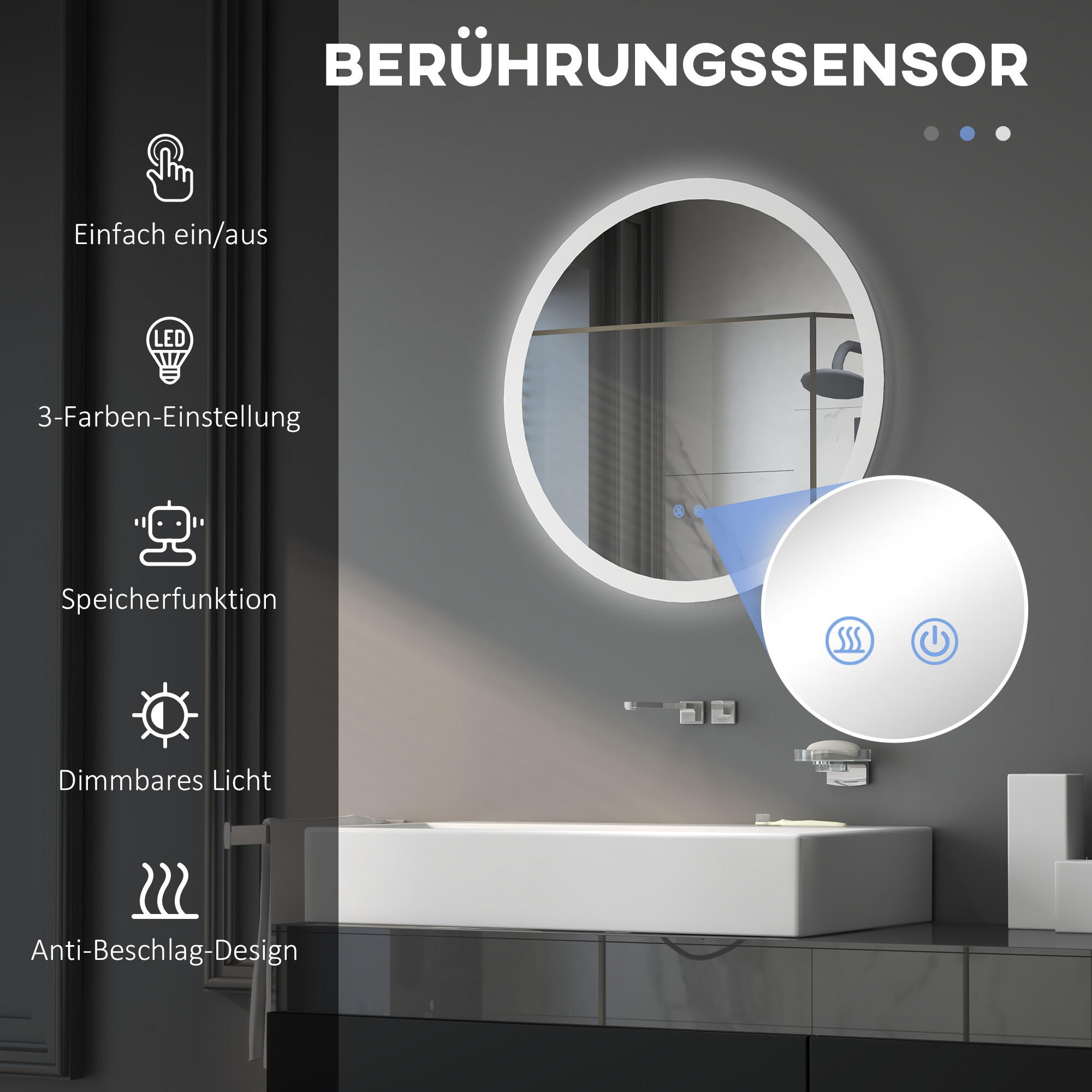 Badezimmerspiegel mit Touch-Bedienelementen. Eigenschaften: Ein/Aus, Speicher, dimmbares Licht, Antibeschlag. Weiße Waschbecken darunter.