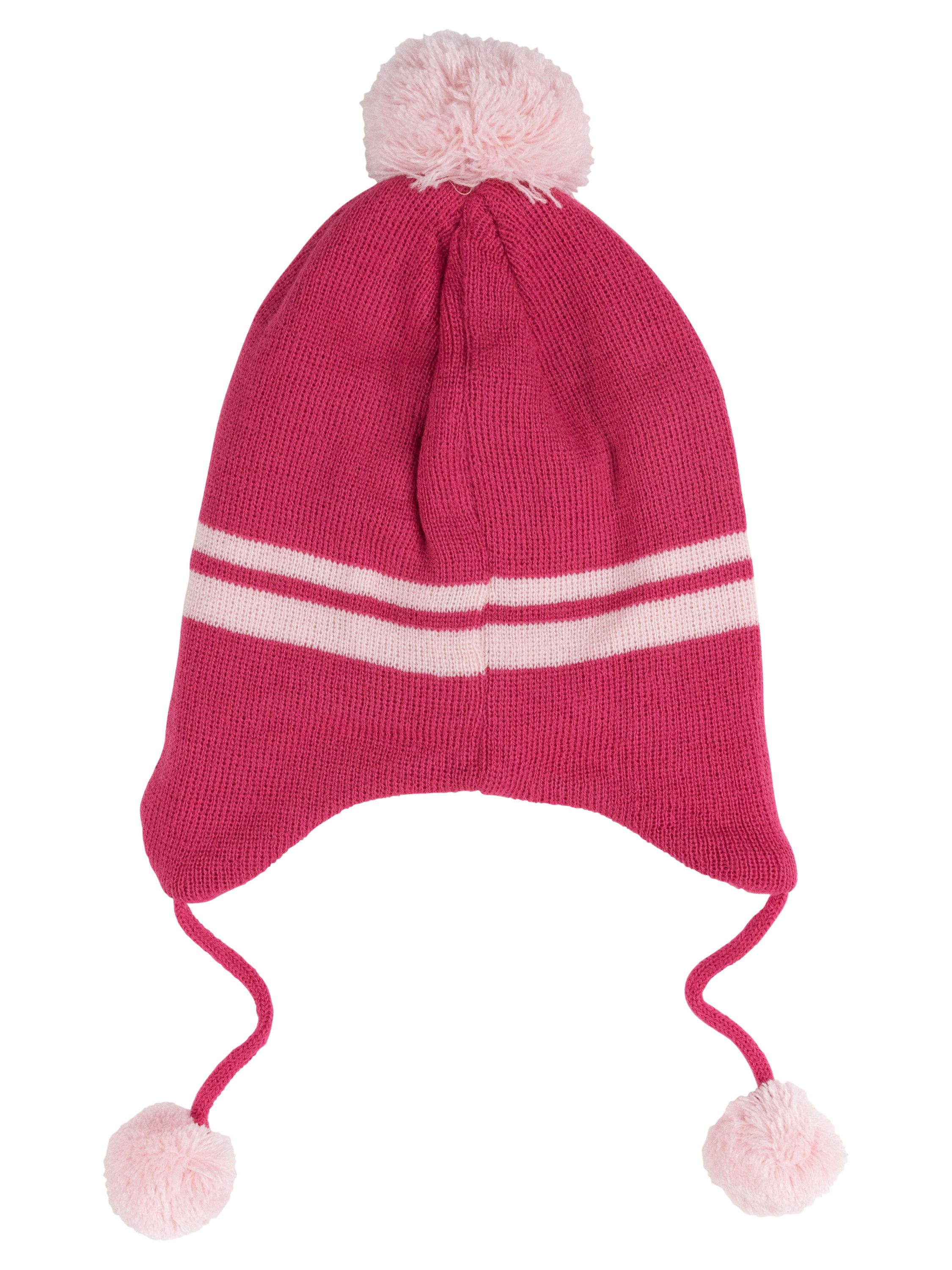 Rosa Wintermütze mit weißen Streifen. Sie hat einen rosa Bommel und Ohrenklappen. Weißer Hintergrund.