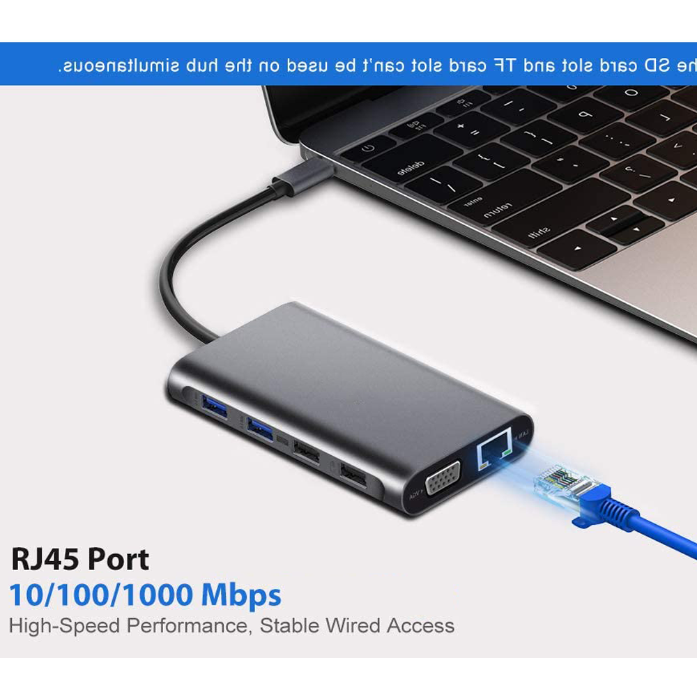 Ein grauer USB-Hub, der mit einem Laptop mit blauem RJ45-Kabel verbunden ist. Text: RJ45-Anschluss 10/100/1000 Mbit/s.