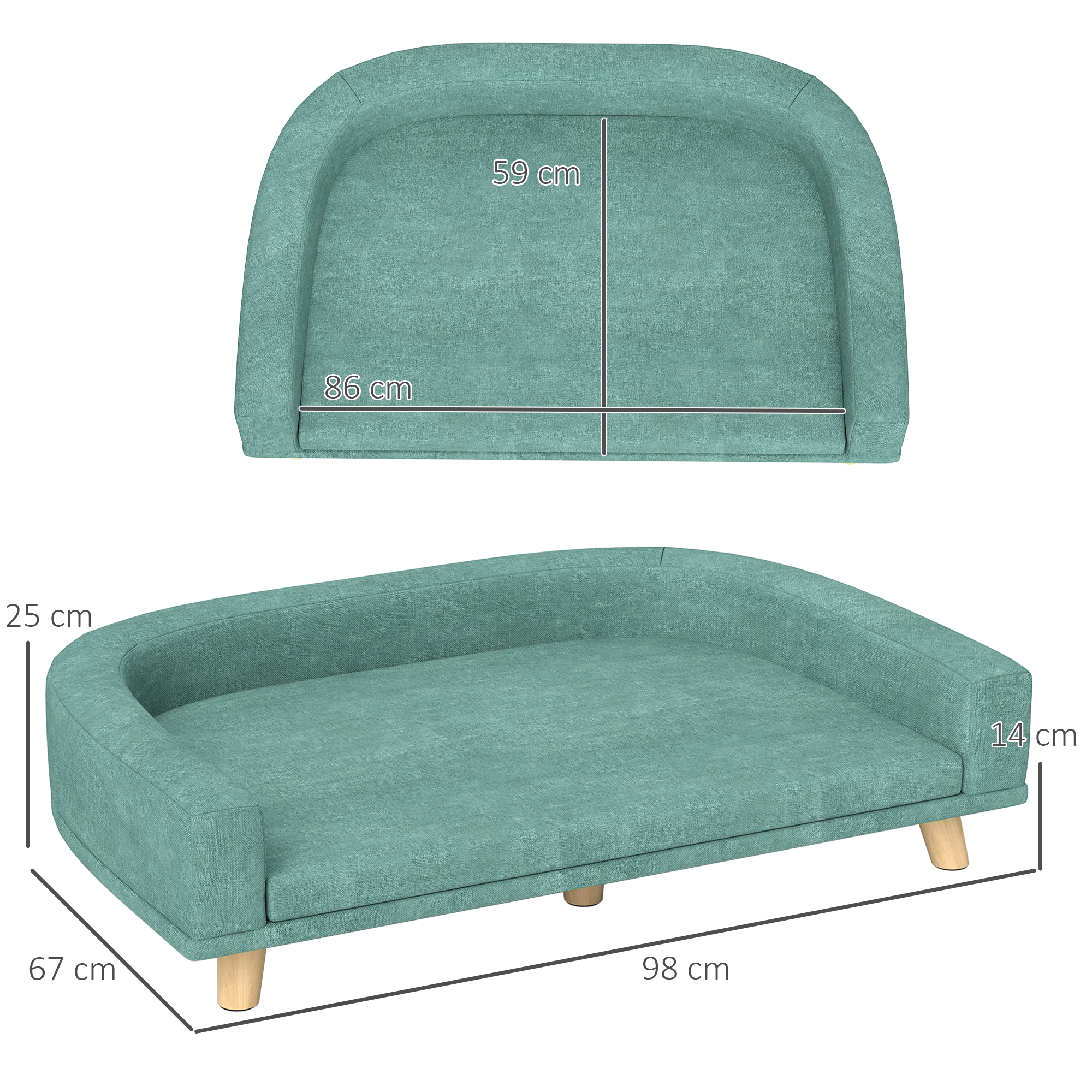 Un sofá verde claro con dimensiones indicadas. Una vista superior muestra las medidas de 86x59 cm.