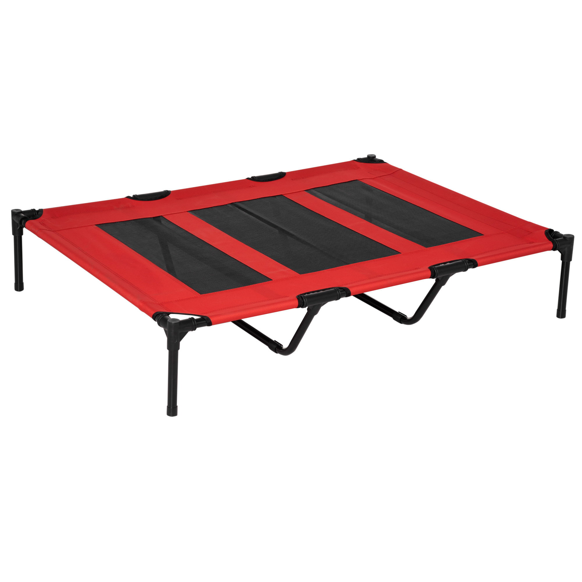 Rotes erhöhtes Haustierbett mit schwarzen Netzeinsätzen. Schwarze Beine stützen das Bett. Isoliert auf Weiß.