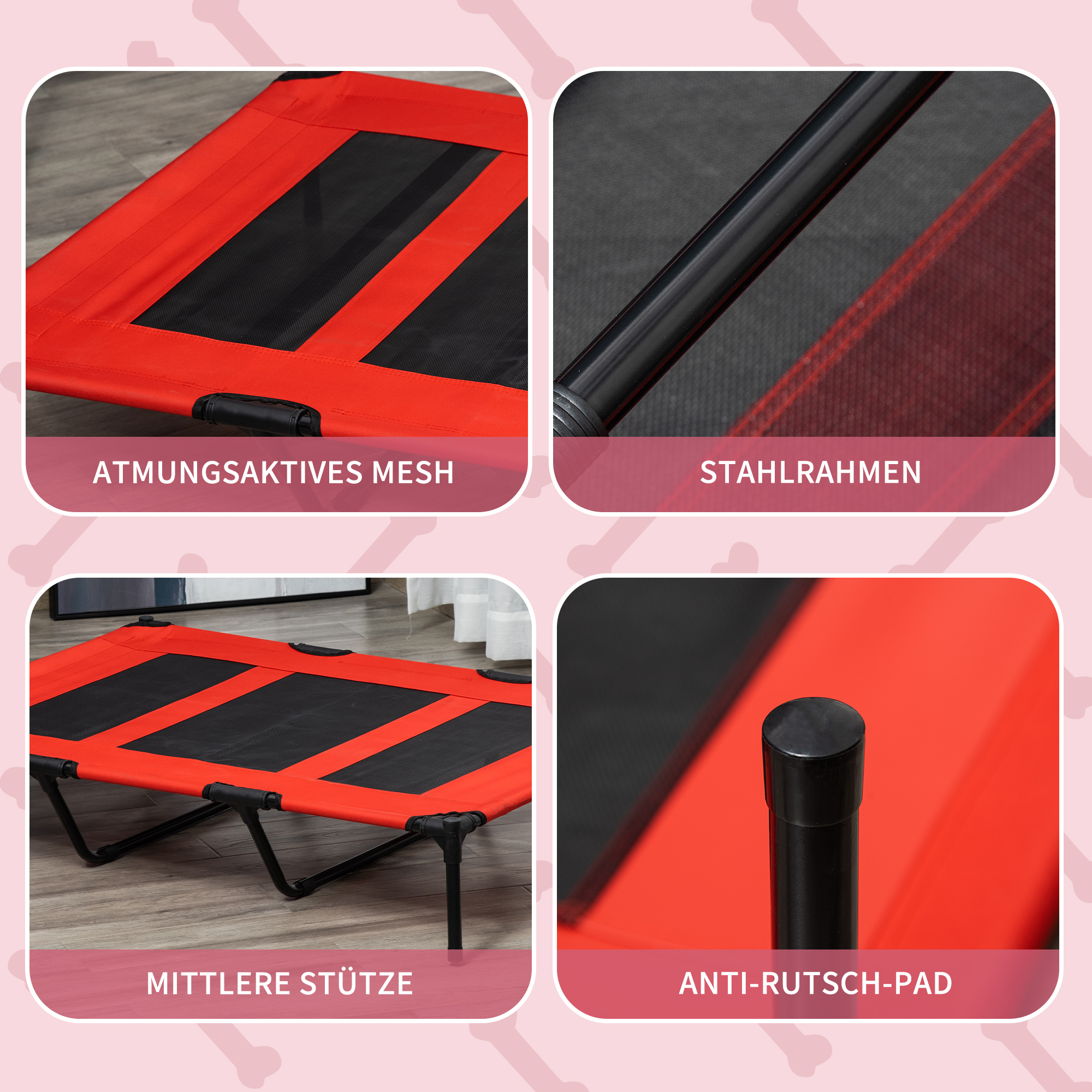Hundebett-Details: atmungsaktives Netz, Stahlrahmen, Mittelstütze und Anti-Rutsch-Pad.