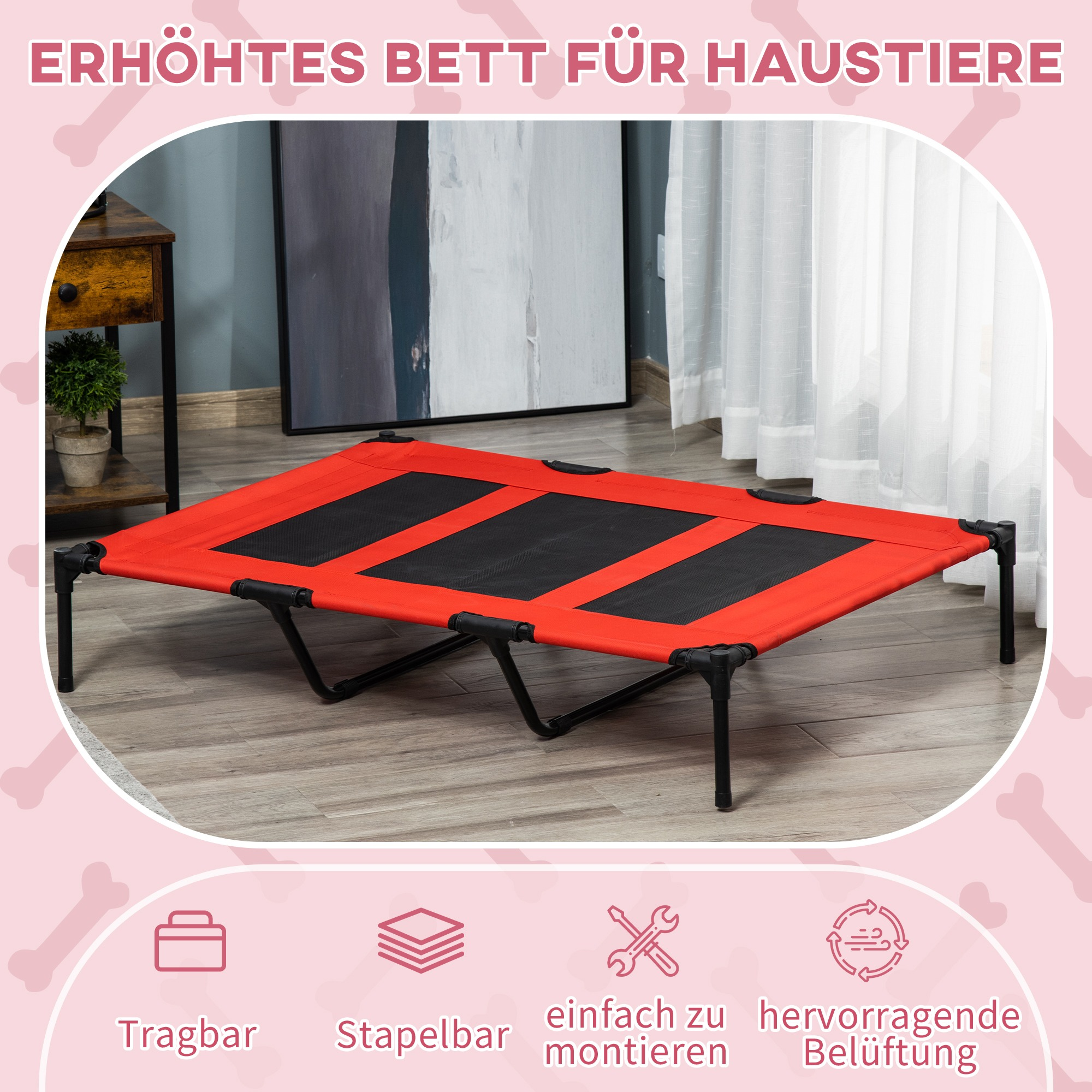 Rotes Hundebett mit schwarzem Netz und Rahmen. Merkmale: tragbar, stapelbar, einfach zu montieren und gute Belüftung.