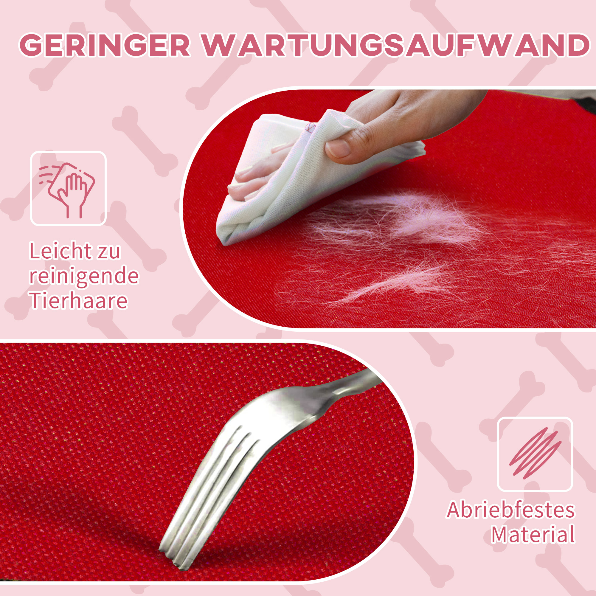 Leicht zu reinigendes Hundebett. Eine Hand, die Haare abwischt. Auch abriebfestes Material und eine Gabel.
