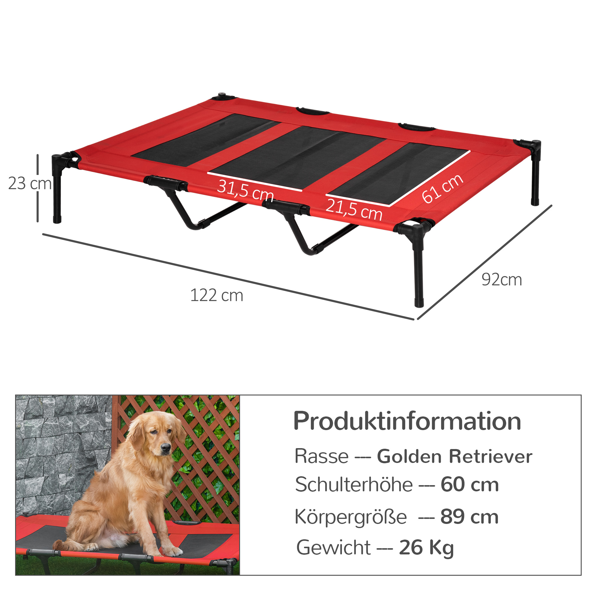 Ein rotes Haustierbett mit Abmessungen und Maßen sowie Informationen über einen Golden Retriever.