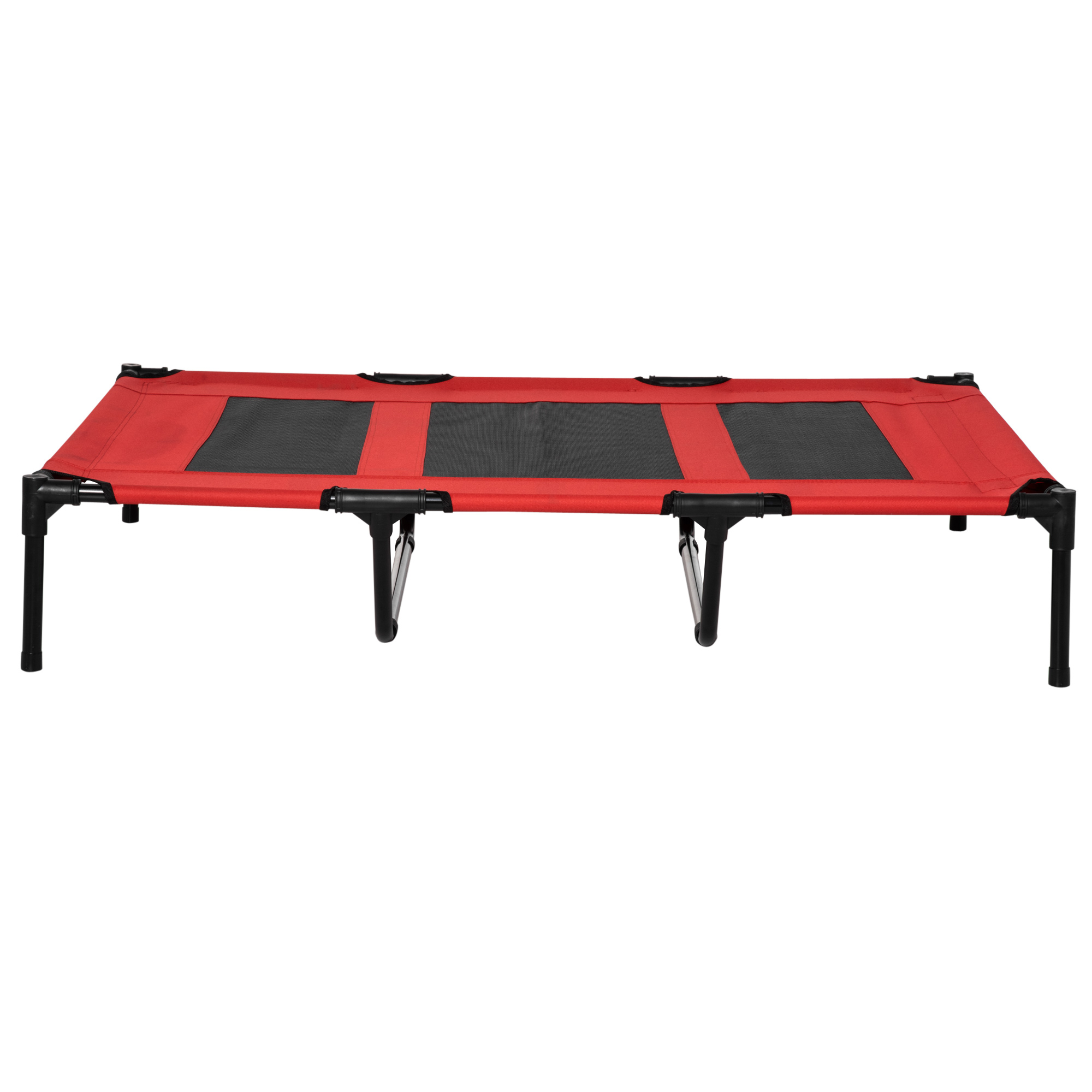 Rotes Hundebett mit schwarzem Netz. Schwarze Beine, roter Stoff und weißer Hintergrund.