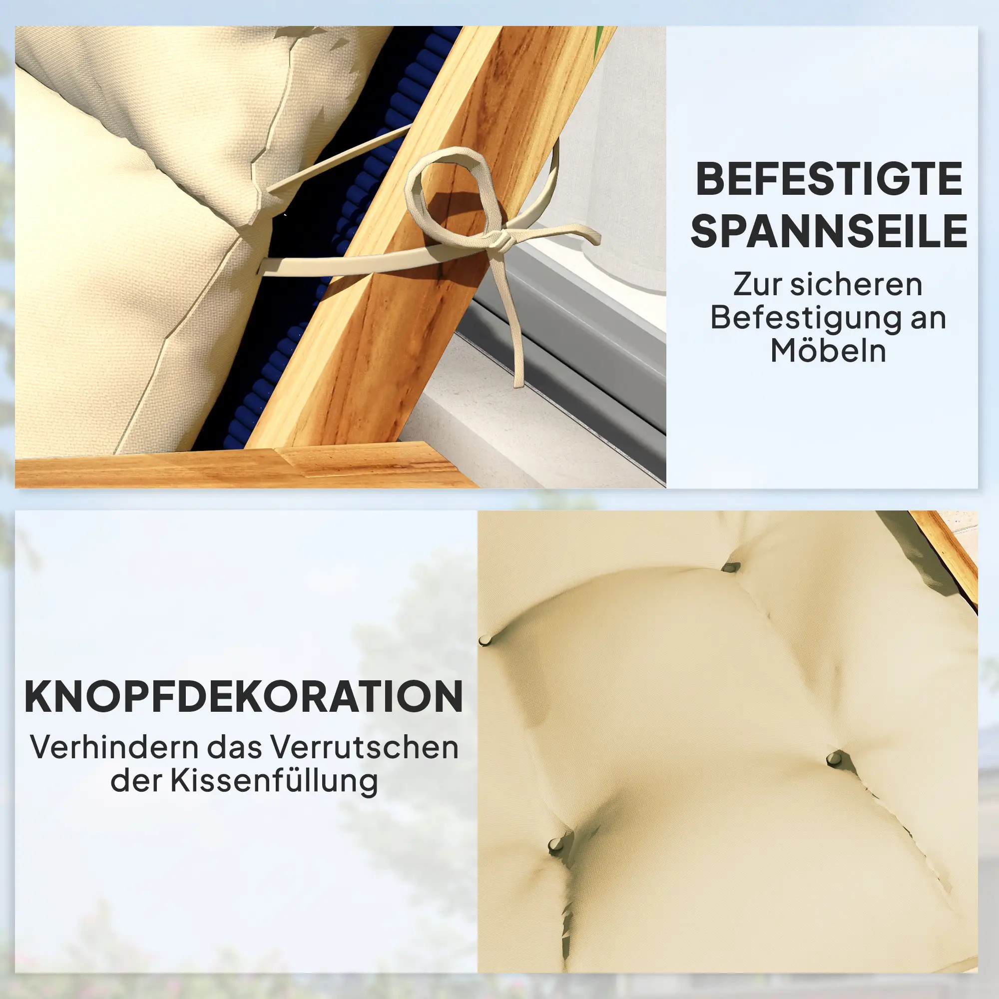 Nahaufnahme des beigen Kissens mit Text. Text erwähnt Spanngurte und Knöpfe.