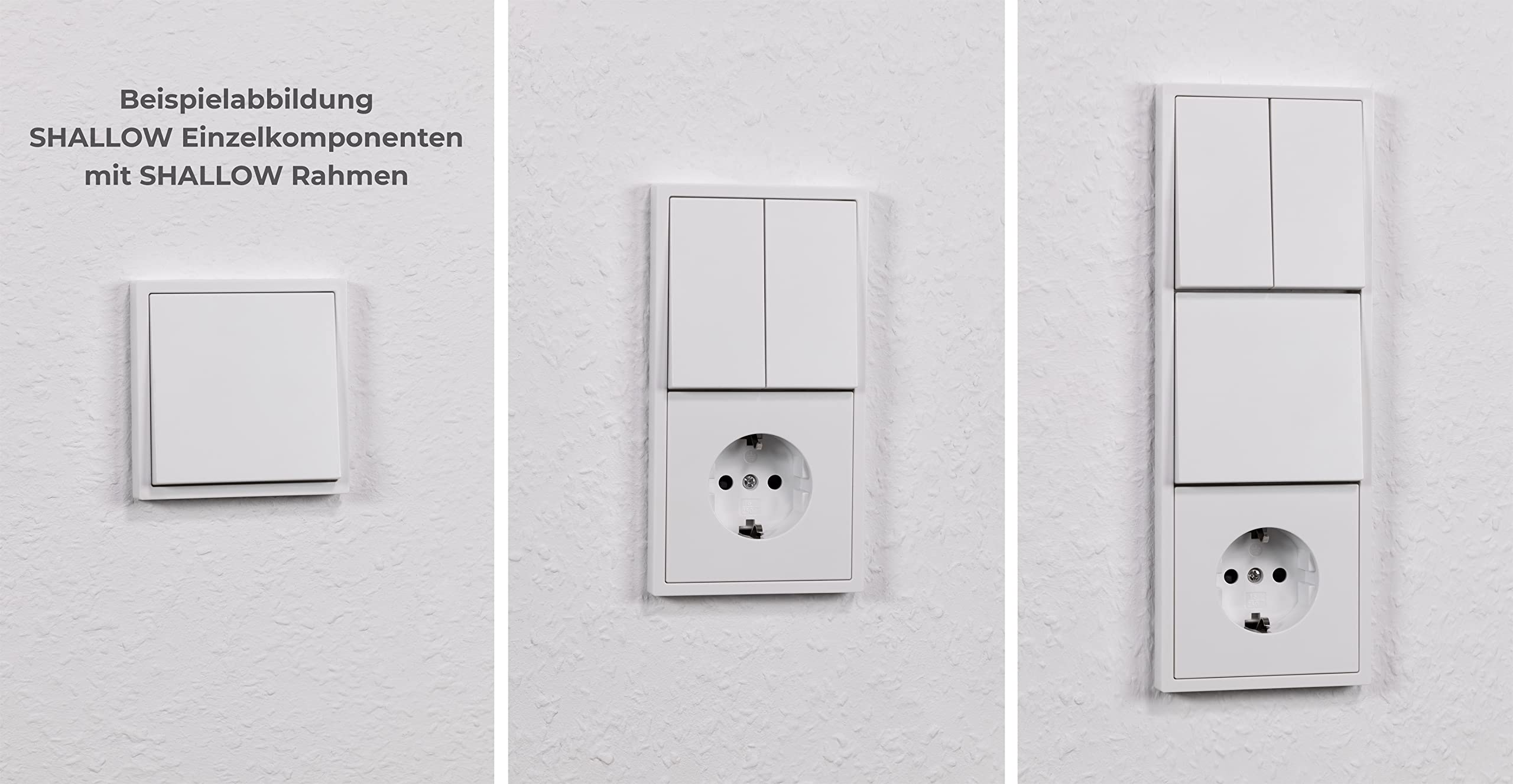 Drei weiße Steckdosen und Schalter. Ein Schalter, eine Steckdose und eine Mehrfachsteckdose sind gezeigt.